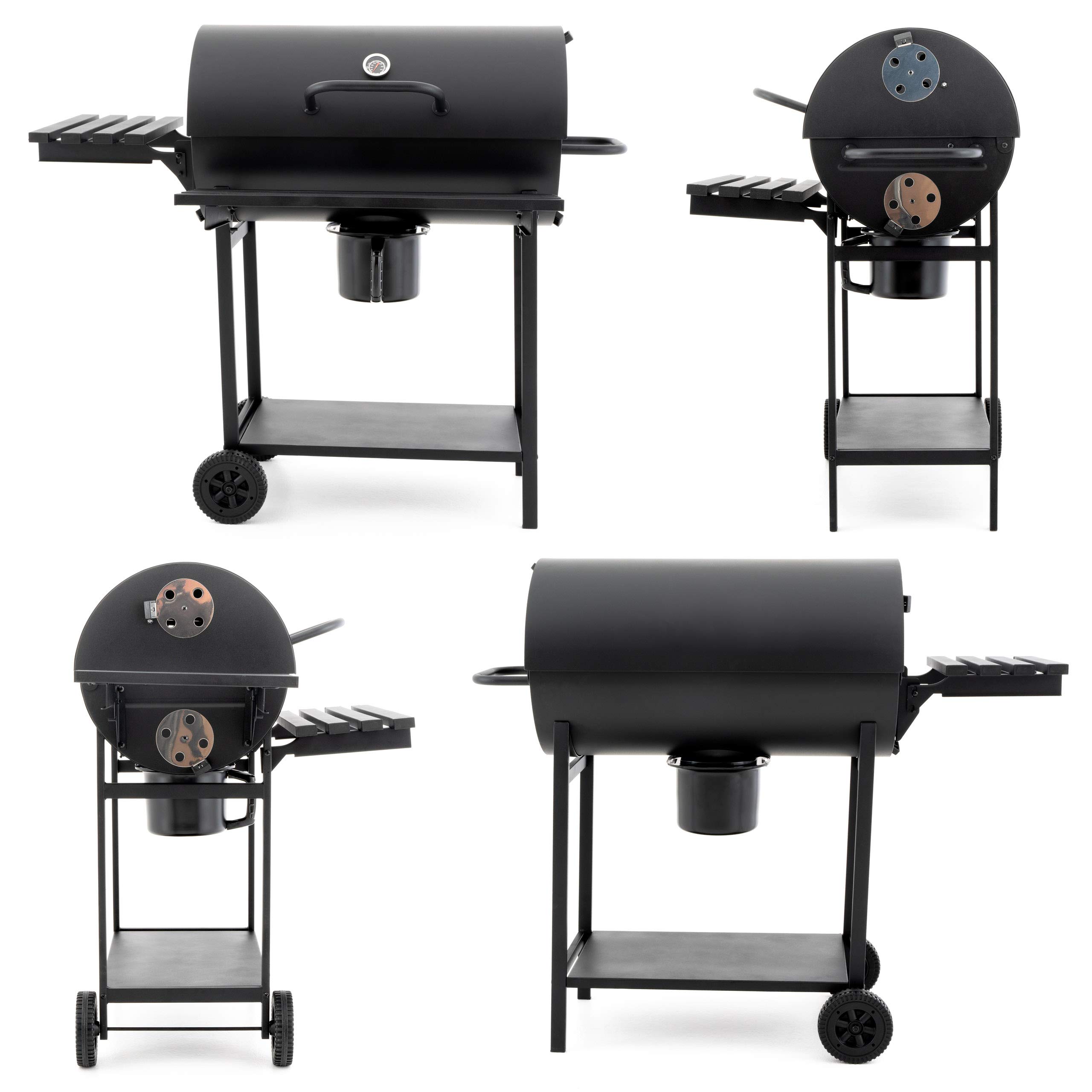 Nexos Trading Grillwagen Holzkohlegrill Gartengrill BBQ Smoker 4-beinig 62cm Grillfläche Klapp-Deckel mit Thermometer massiv Stahlblech klappbare Ablageflächen Thermometer