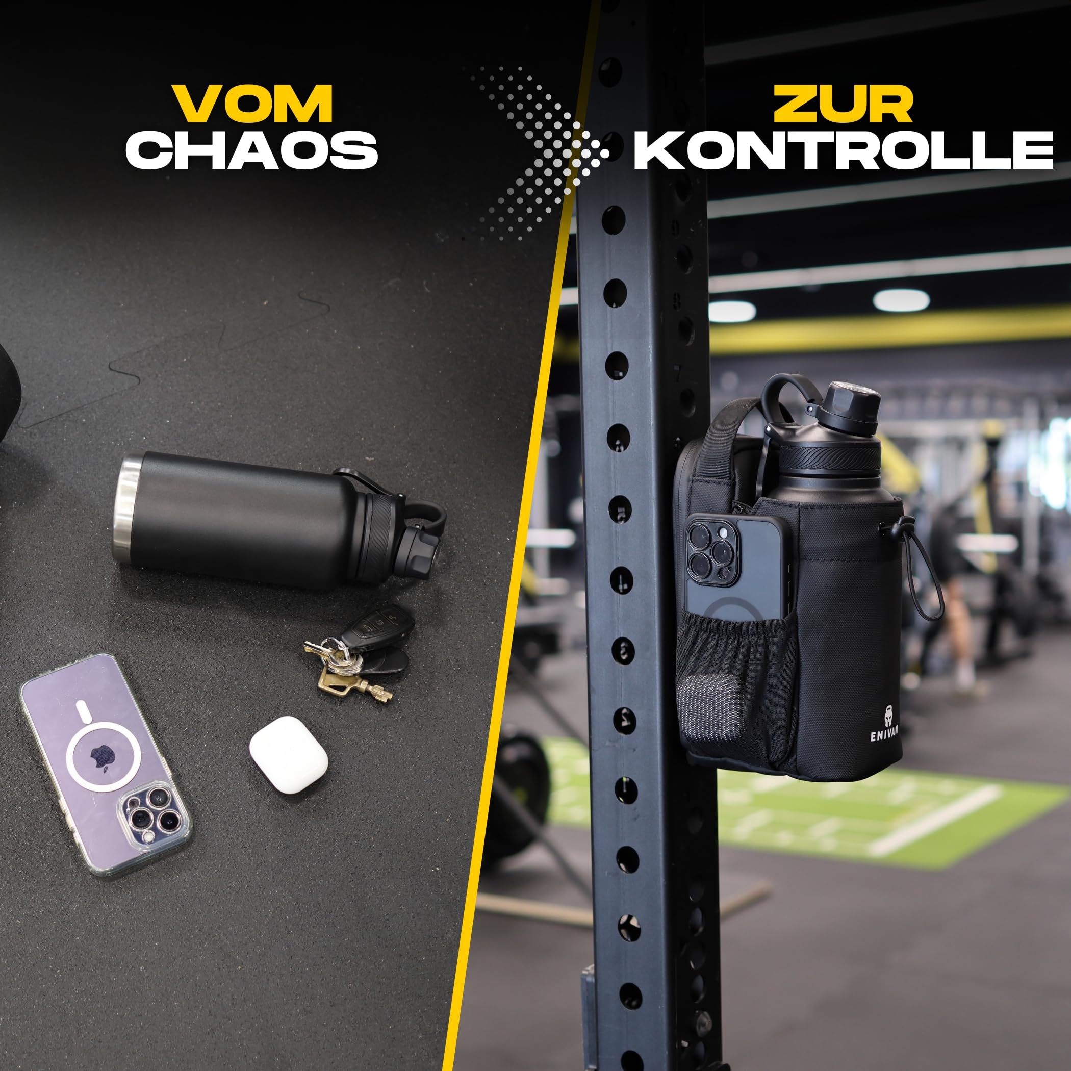 Magnetische Sporttasche mit Flaschenhalter, passt für 1,5 L Trinkflaschen, Handyfach, Schlüsselkarabiner, Schultergurt – für Männer & Frauen, Gym, Fitness & Alltag, wasserabweisend, Schwarz