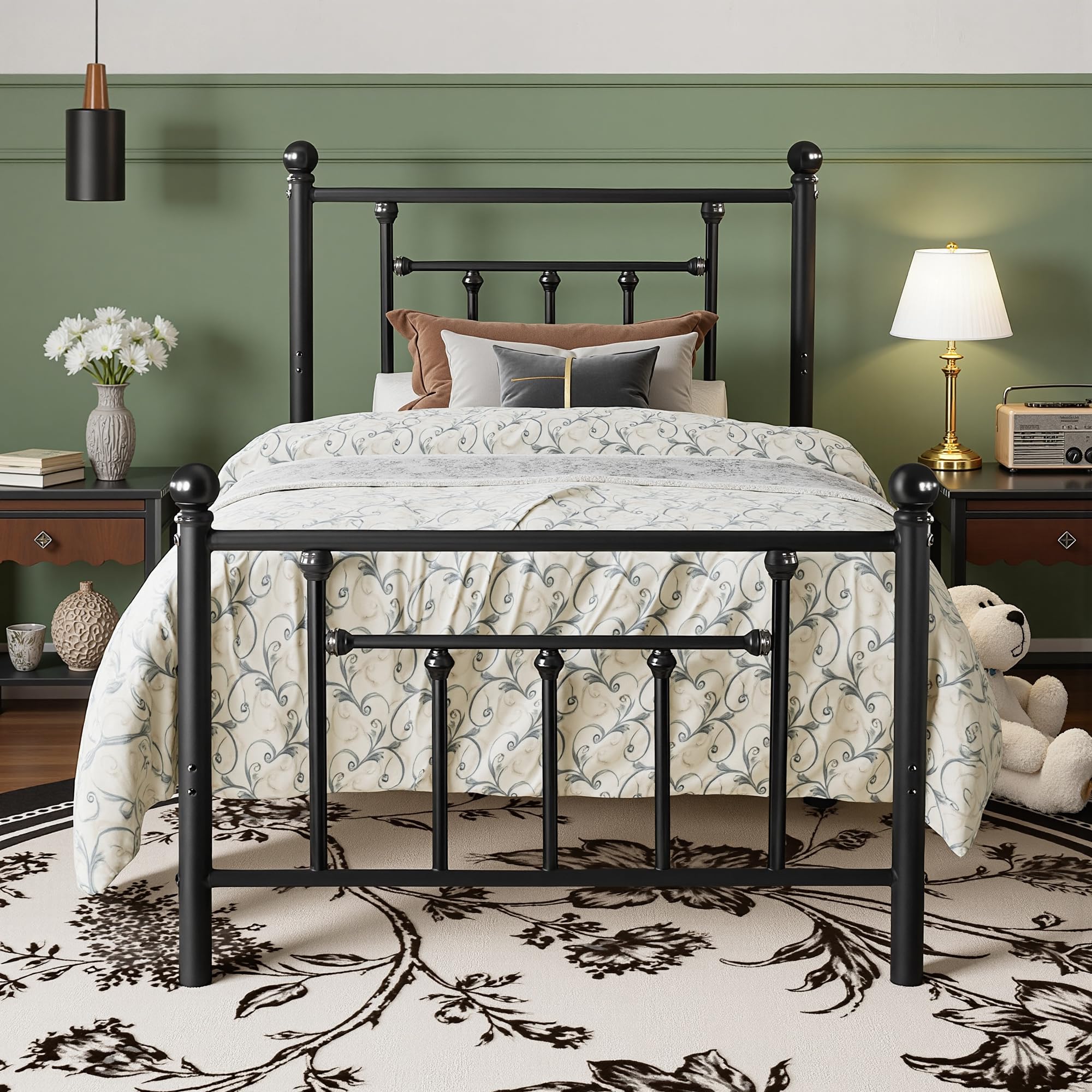 VECELO 3ft Single Bed Frame, Metal Platform with Victorian Style Headboard, Heavy Duty Steel Slat Support, No Box Spring Needed Mattress Foundation, Underbed Storage Space, Easy Assemble