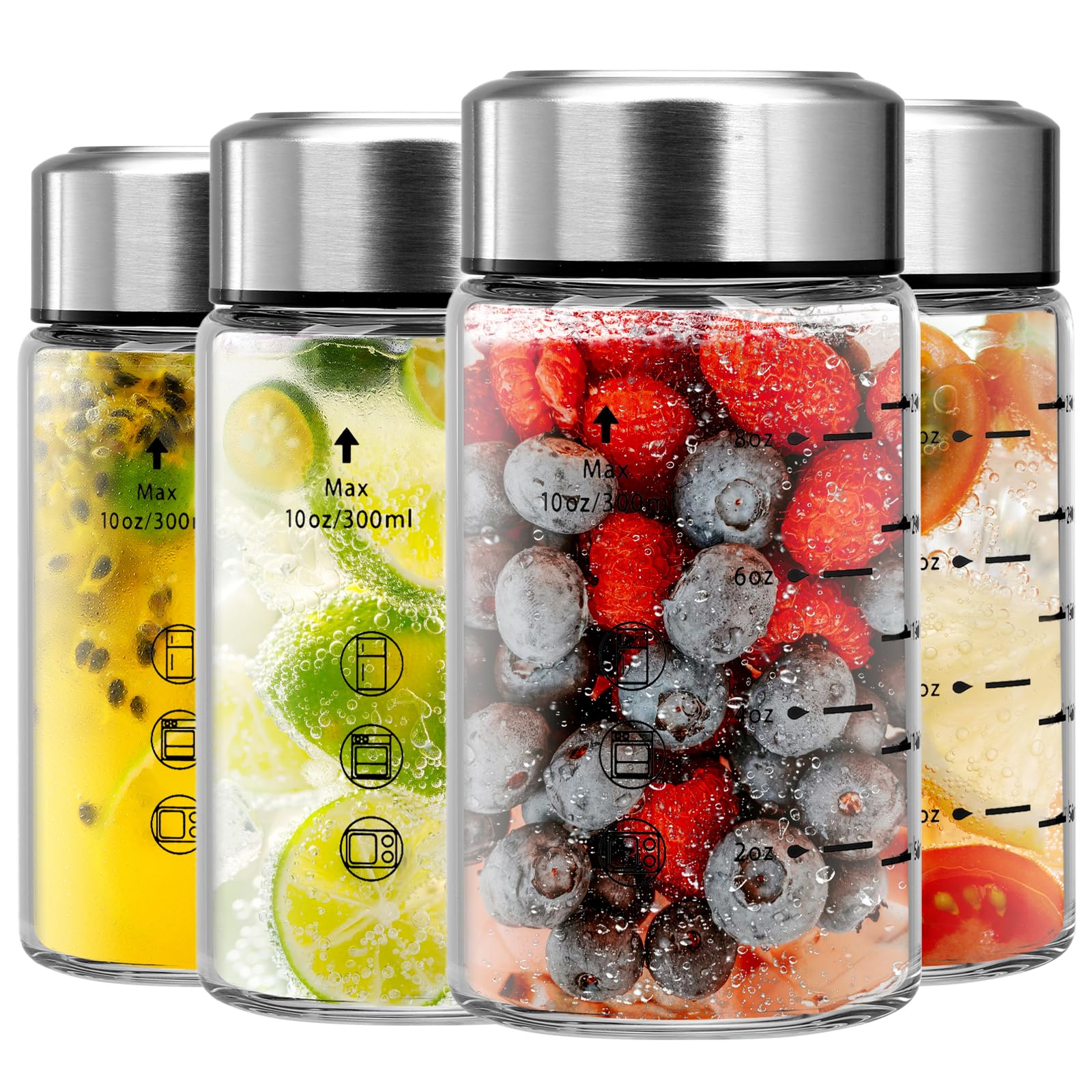 SIEROZUR Glass Juice Bottles 10oz- 4 Pack Wide Mouth Glass Bottles with Lids for Juicing Smoothies, Infused Water, Beverage Storage - BPA Free,