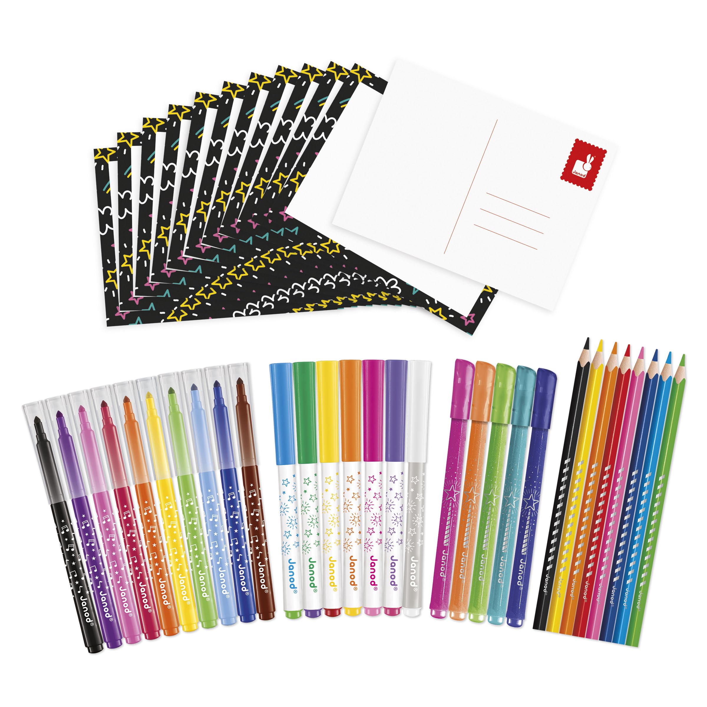 Janod, 42-piece Colouring Set, 12 Colouring Cards, 10 Felt-Tip Pens, 5 Glitter Pens, 7 Magic Pens - Image 2
