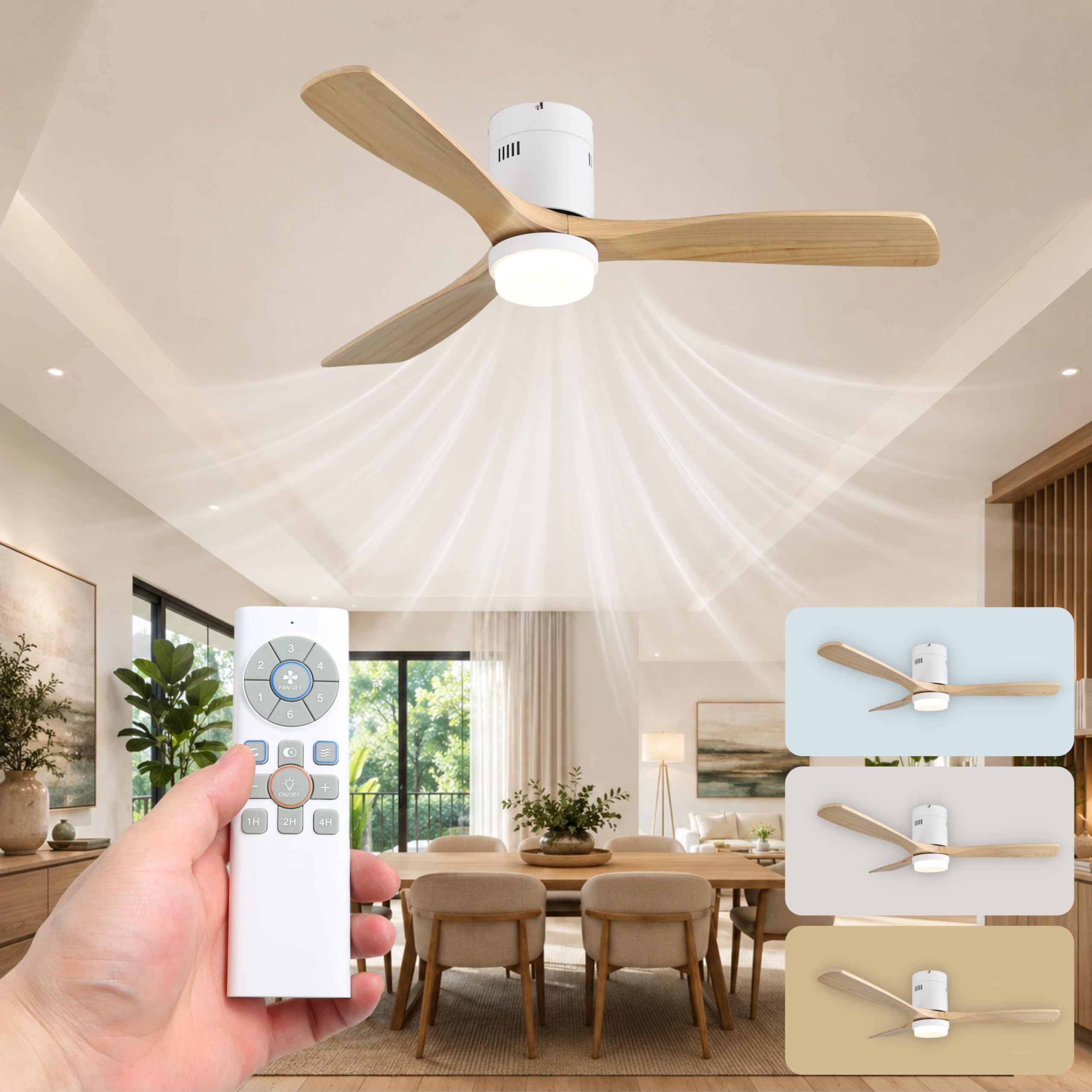 CLAR Ventilador de Techo con Luz, Ventilador Techo Madera Silencioso con Mando y Motor Reversible, 6 Velocidades, Ceiling Fan with Light