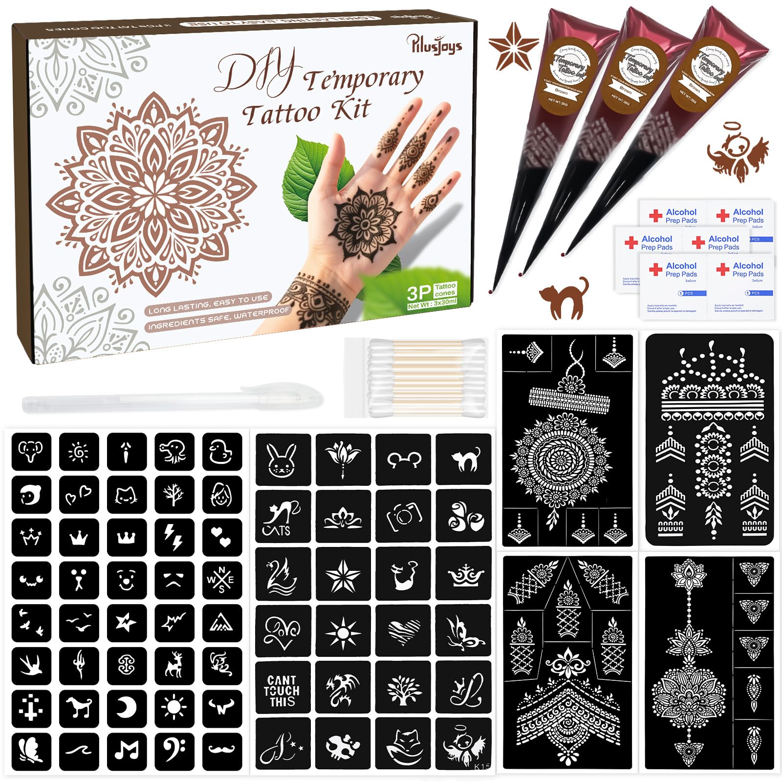 Temporary Tattoo Kit with 6 Sheets Reusable Stencils 3 Brown Tattoo Paste 3p Brown