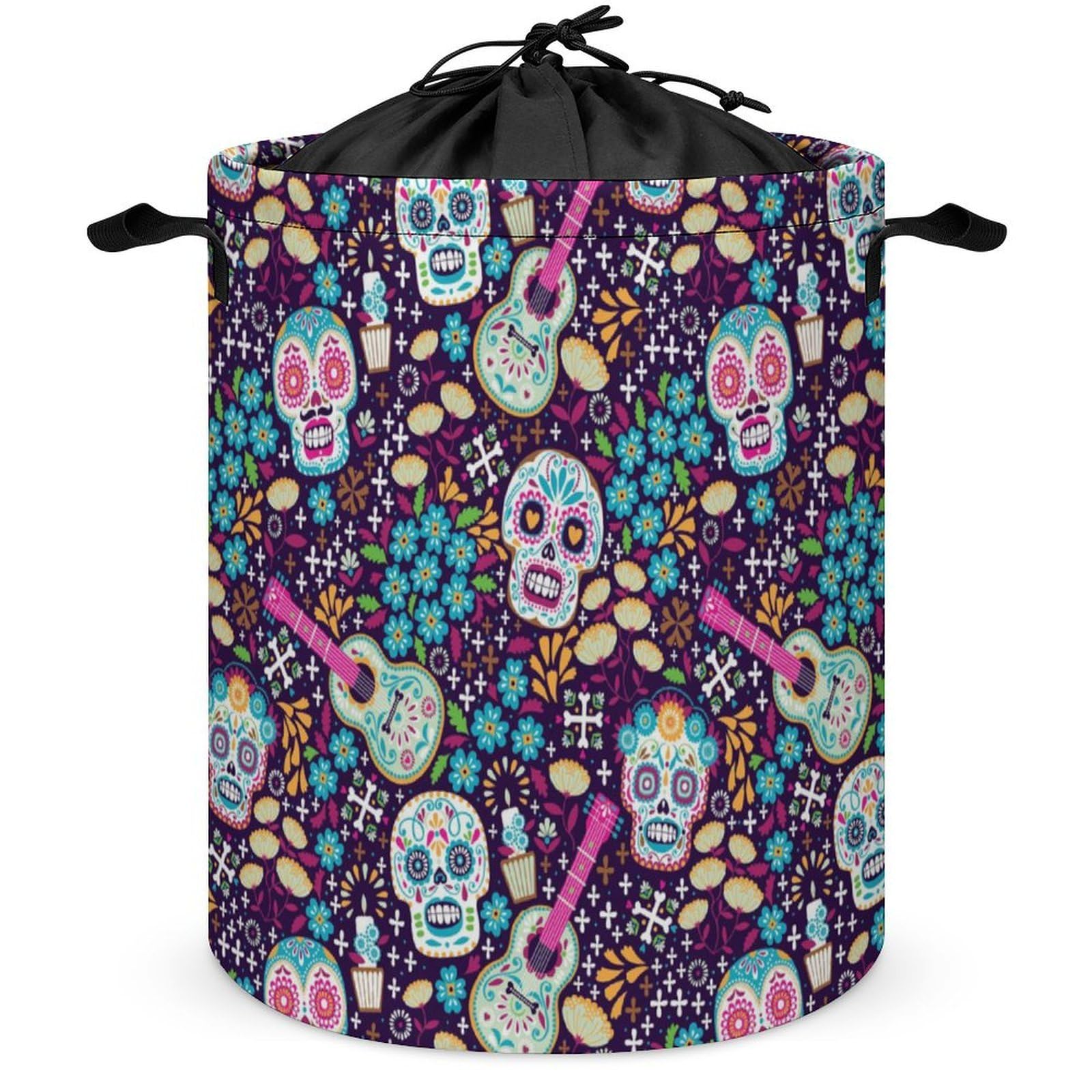 Wlntrophic Drawstring Laundry Hamper, Mexican Dia De Muertos Laundry Basket, Washing Basket with Handle
