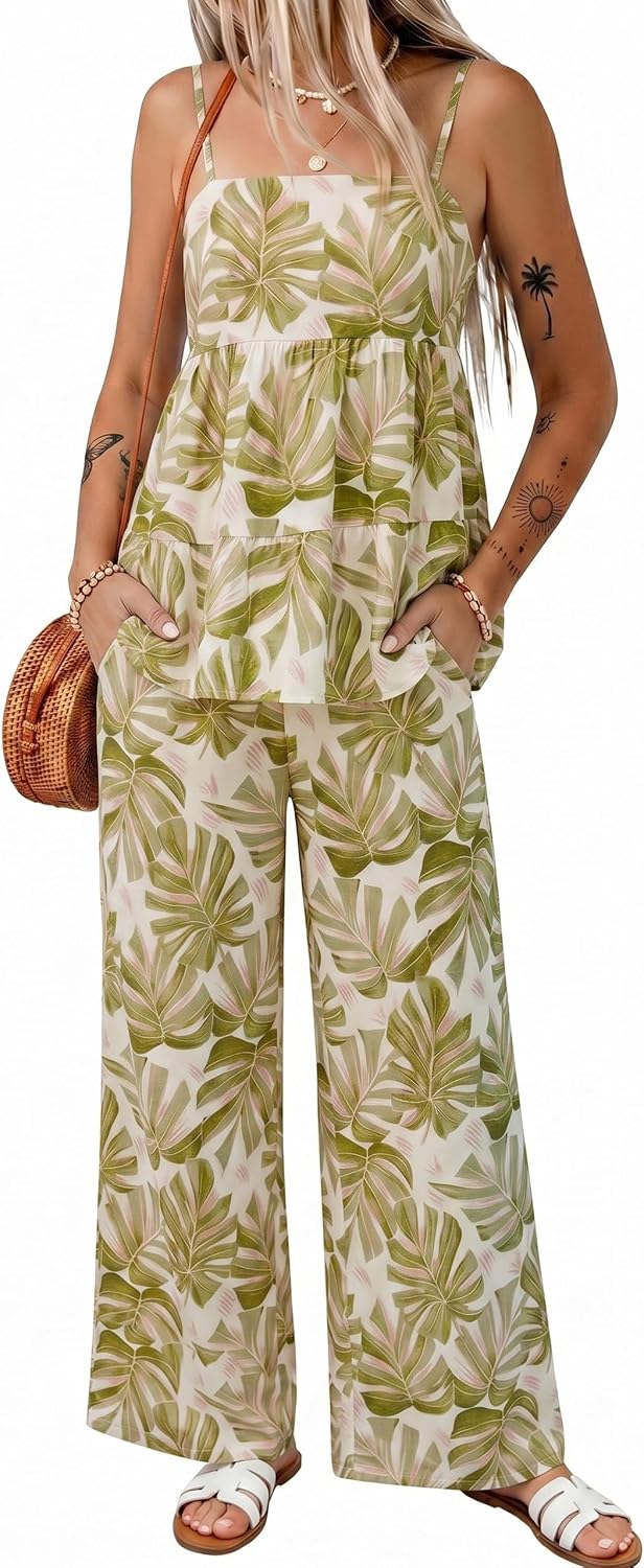 Glamaker Womens Summer 2 Piece Sets Floral Spaghetti Tank Top Wide Leg Pants Travel Beach Vacation Outfits 2026