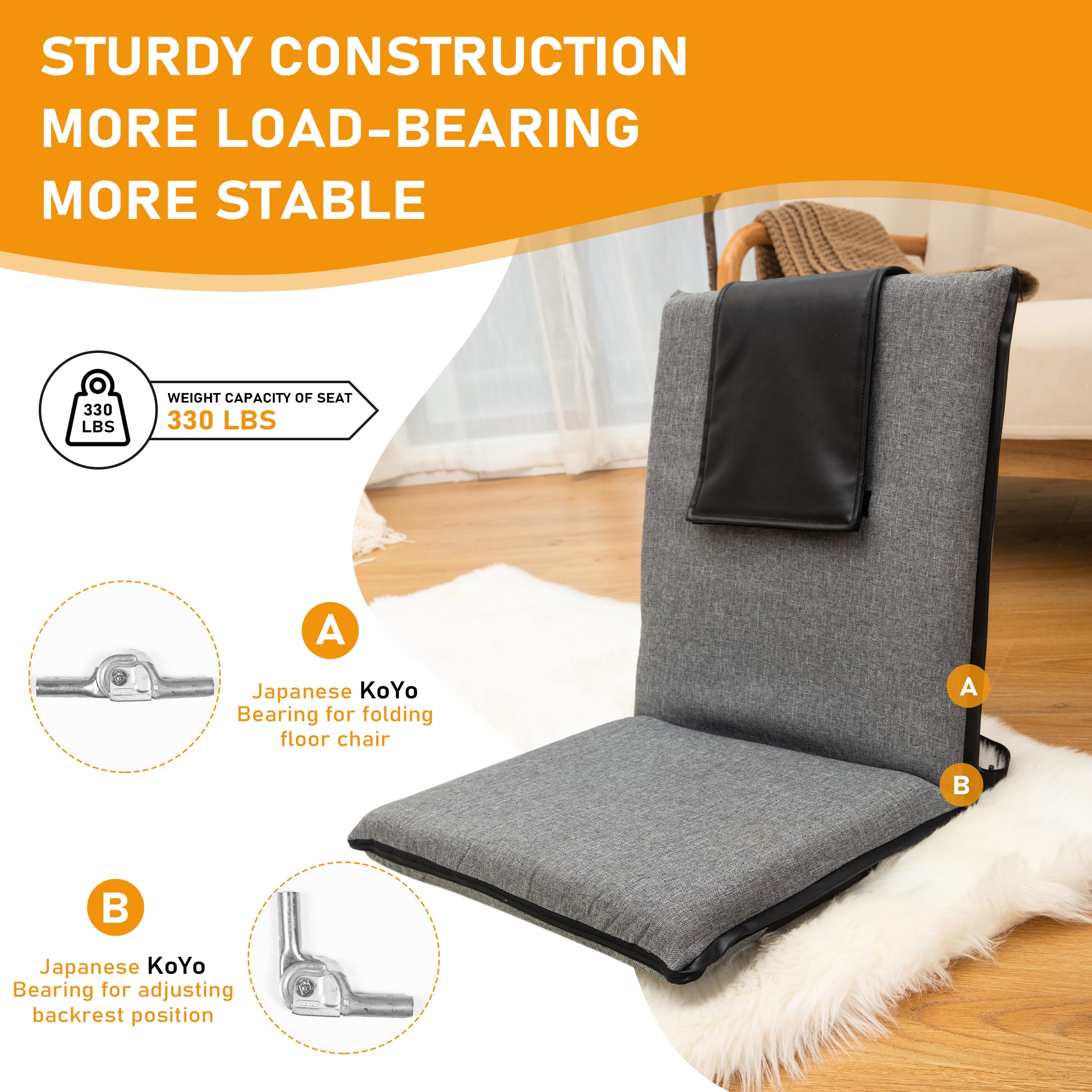 FASTMOMENT Floor Chair with Back Support 14-Position Adjustable Floor Chair Portable Floor Chair for Adults & Kids Foldable Meditation Chair with Japanese KOYO Bearings & Washable Linen Cover (Grey)