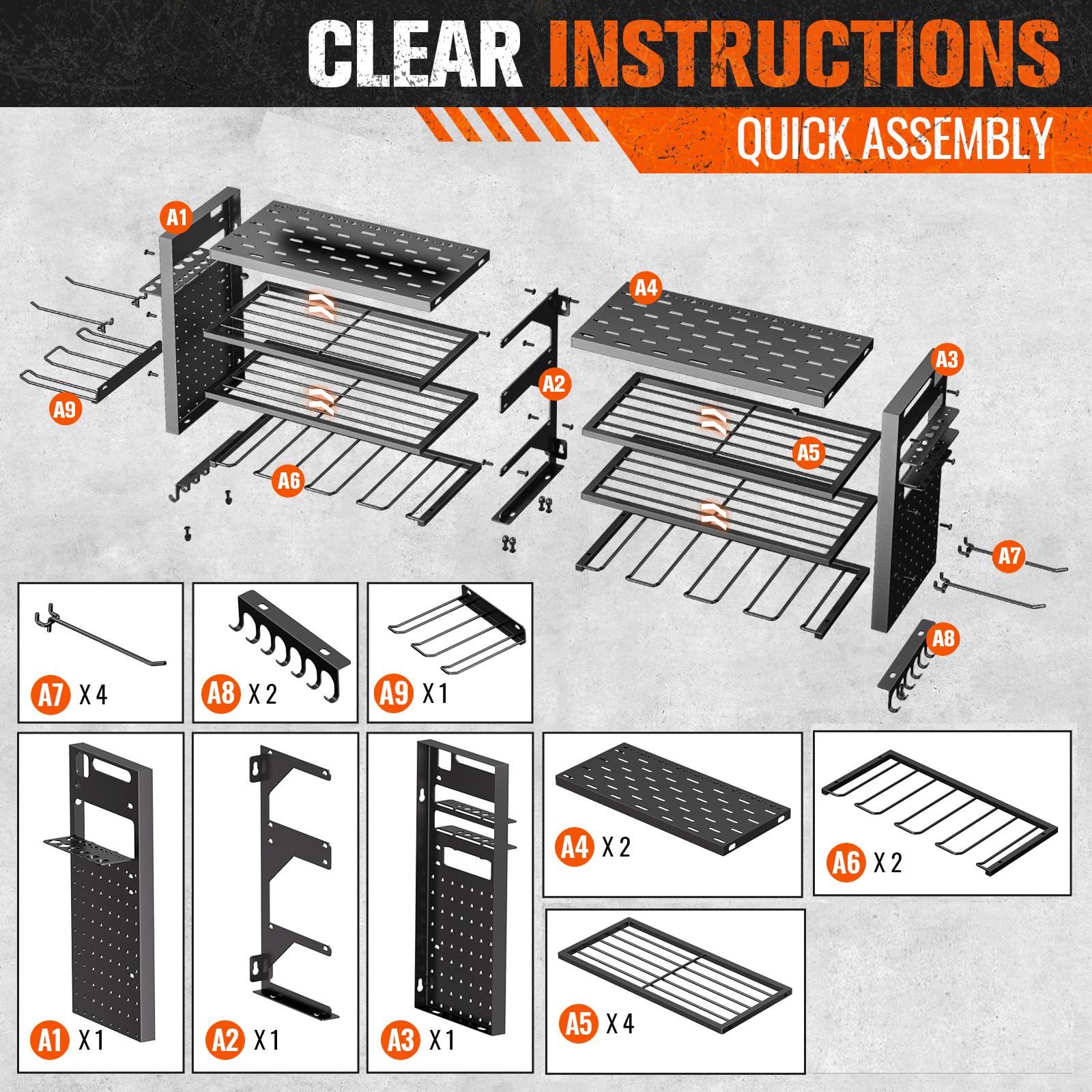 Support mural robuste pour outils électriques, grande organisation de garage avec 10 supports de perceuse sans fil, 4 couches d'organisateurs d'outils et de rangement, porte-outils avec 6 multiprises