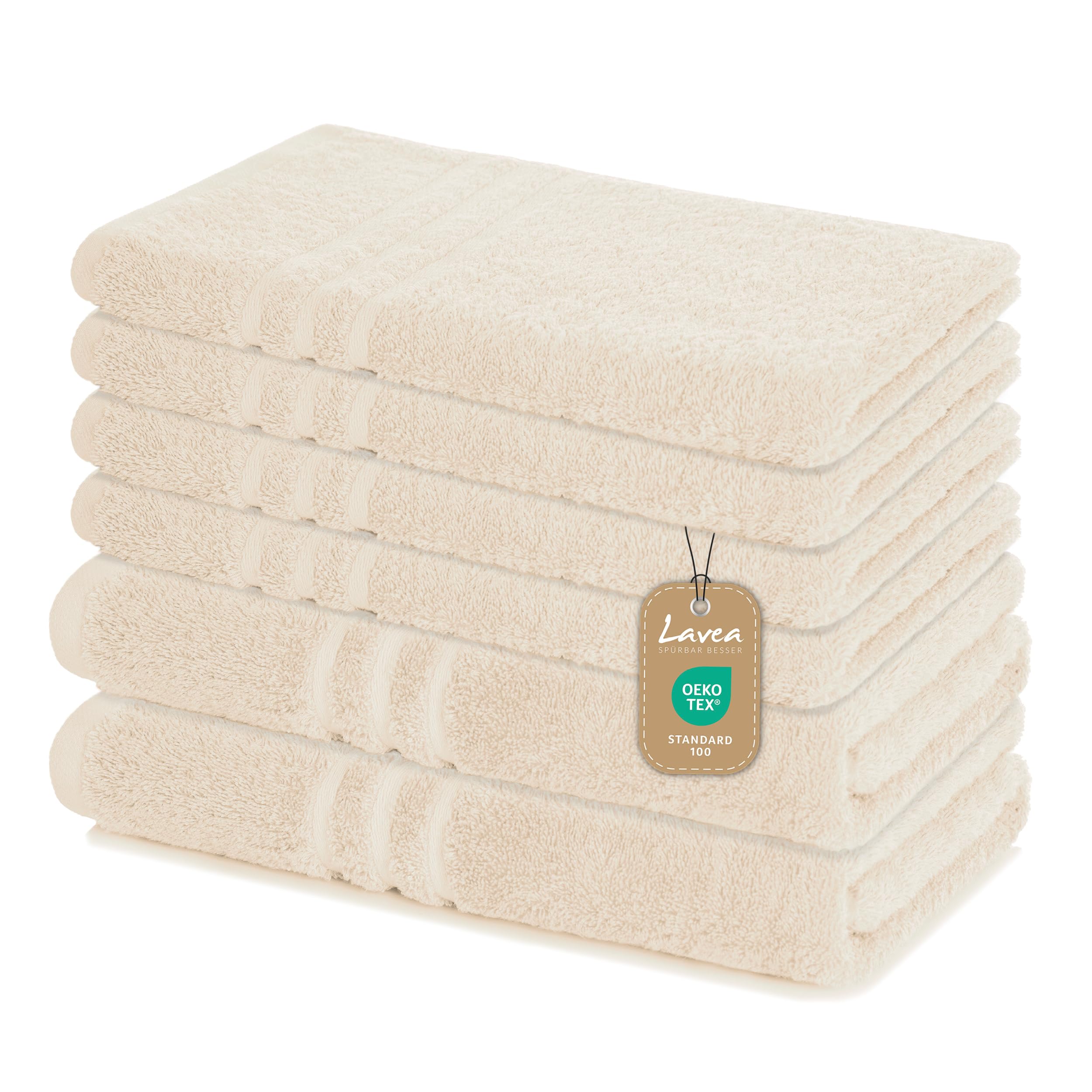 Lavea® 6-teiliges Handtuch Set, 100% Baumwolle - 4 Handtücher 50x100 cm & 2 Duschtücher 70x140 cm, weich, saugstark & pflegeleicht, Flauschiges Badehandtuch Set für Bad, Gäste & Spa, Creme