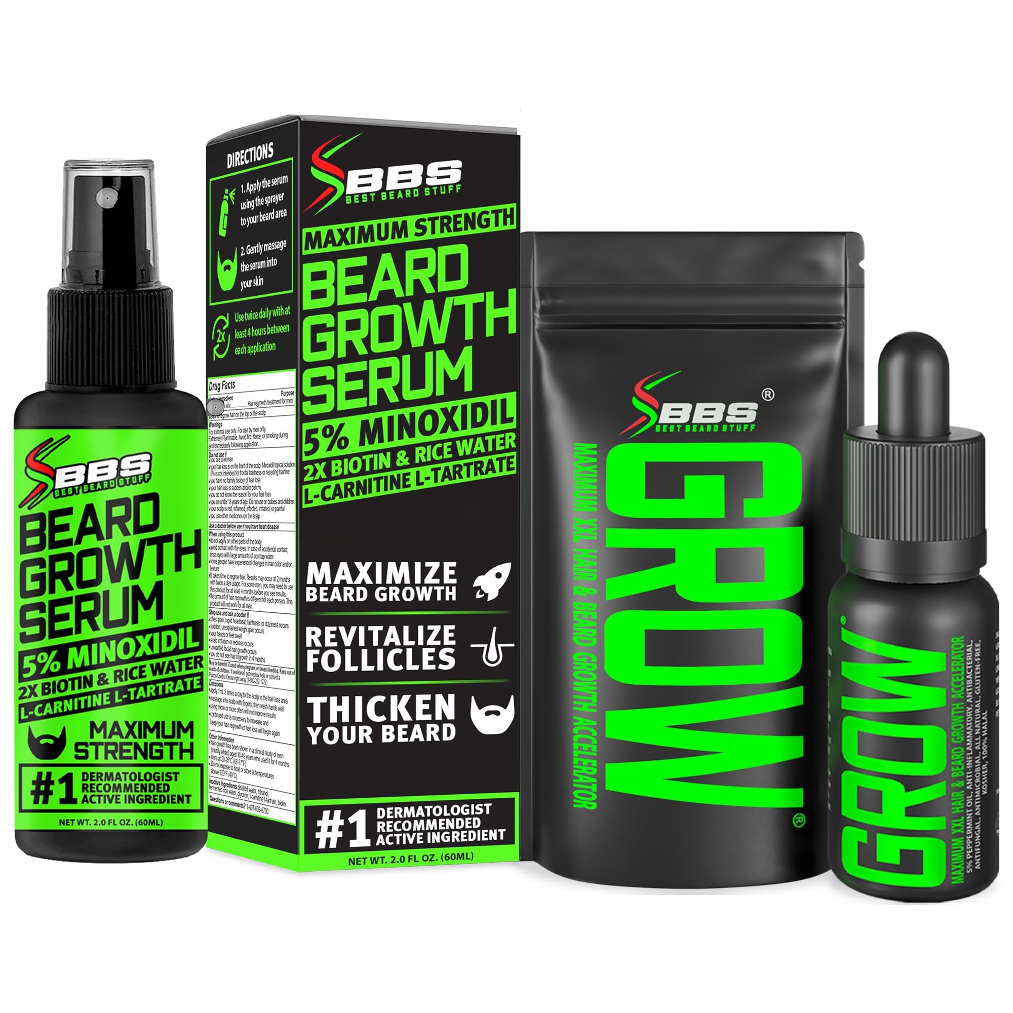 Beard GROW XXL & Beard Minoxidil Bundle for Men – Beard Growth Oil + 5% Minoxidil Serum with 2X Biotin & Rice Water – Thickens, Fills Patchy Areas & Promotes Fuller Facial Hair
