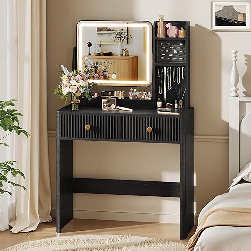 Tocador Estriado con Espejo y Luces, Pequeño Tocador de Maquillaje con 2 Cajones y Gabinete de Almacenamiento de Joyas, 3 Modos de Iluminación de