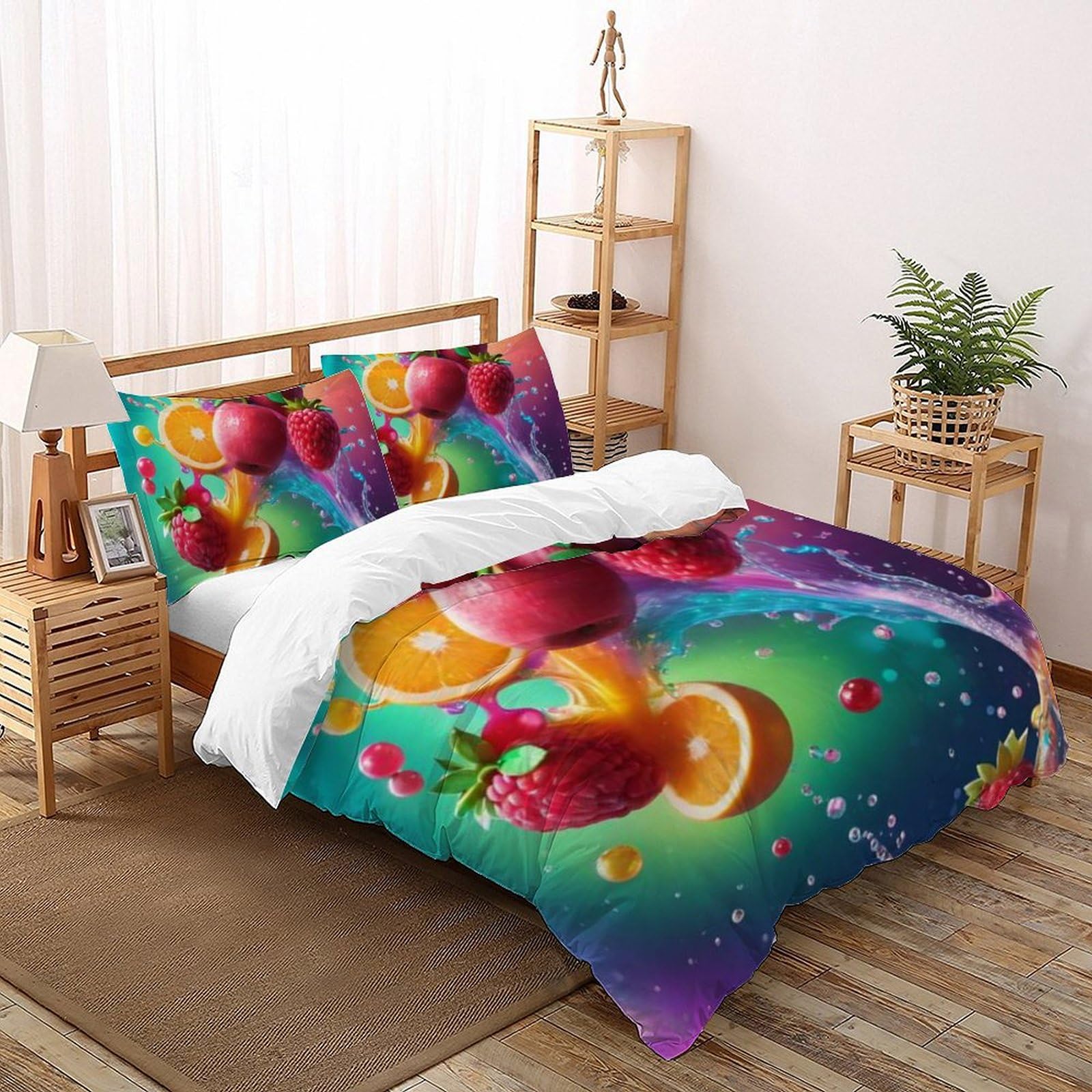 Housse de couette fruits colorés anti-décoloration 200x200 en microfibre douce avec 2 taies