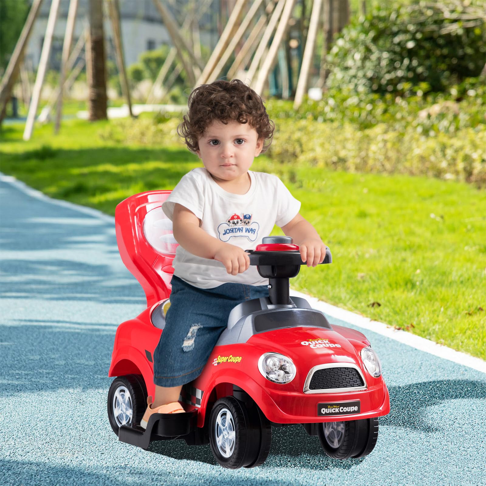 COSTWAY 3 in 1 Macchina Cavalcabile a Spinta per Bambini, con Guardrail Staccabili e Maniglia Clacson, Spazio di Archiviazione Nascosto e Design Anti-ribaltamento, Ideale per Bambini 2-6 Anni (Rosso)