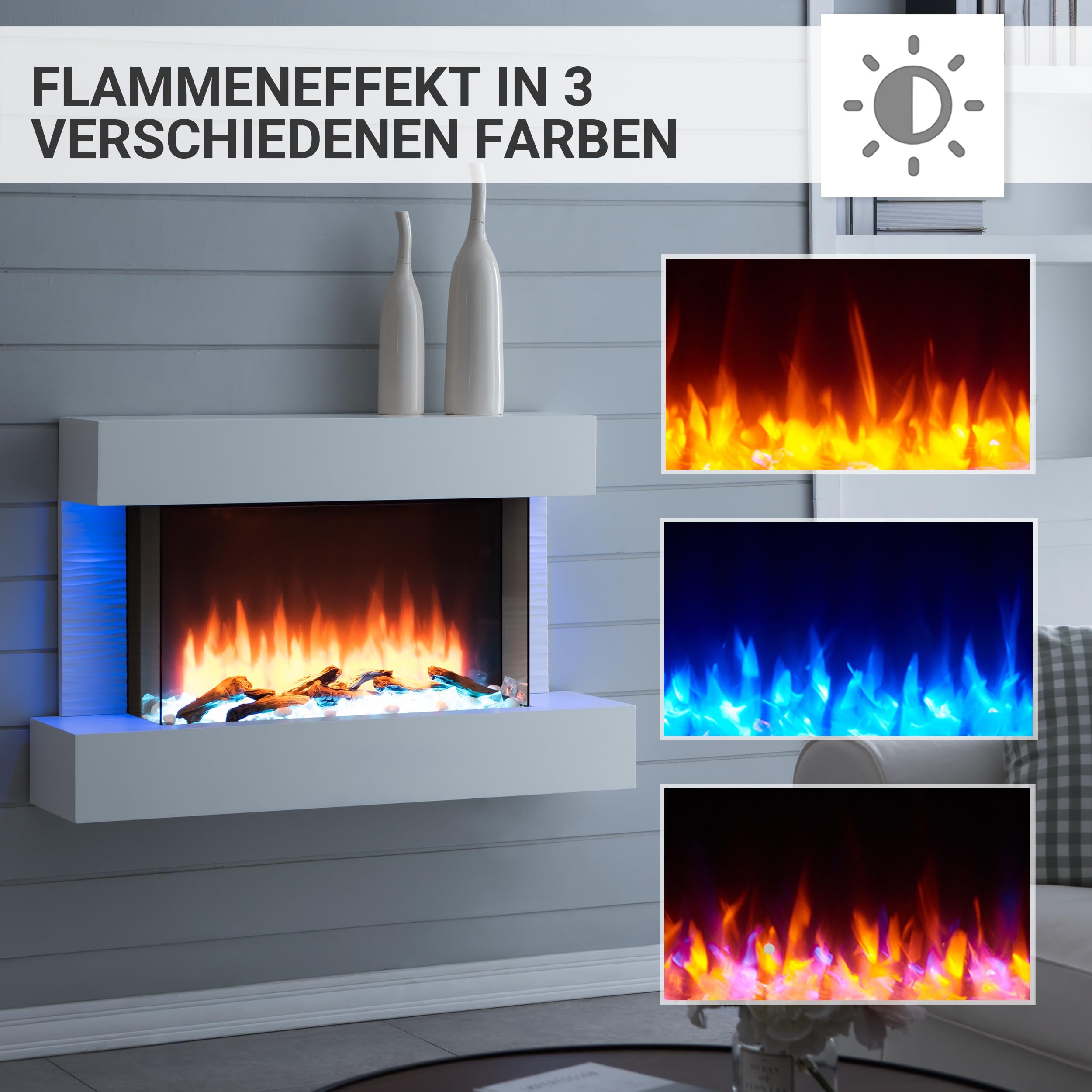 BALDERIA Elektrokamin Aidan Elektrischer Standkamin Weiß | 3D-Flammeneffekt, Elektro Heizung 2000W, LED-Beleuchtung, Fernbedienung, Timer, Startsteuerung & Thermostat