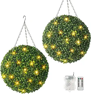 Garveehome 16” Artificial Plant Topiary Ball, Pre-Lit Artificial Topiary Plant with 8 Mode, Battery Operated,and Remote Control, Light Plant Ball for Backyard, Wedding and Home DéCor