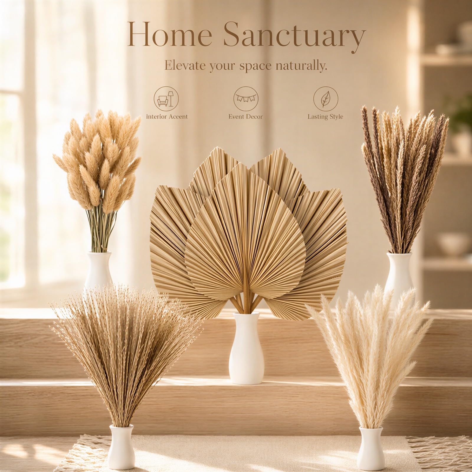 105 STK. Trockenblumen-Deko, Trockenpalmenblätter und Pampasgras-Blumenstrauß, natürliche Palm Spears für Boho-Tischdeko bei Hochzeit und Zuhause, DIY-Blumenarrangements