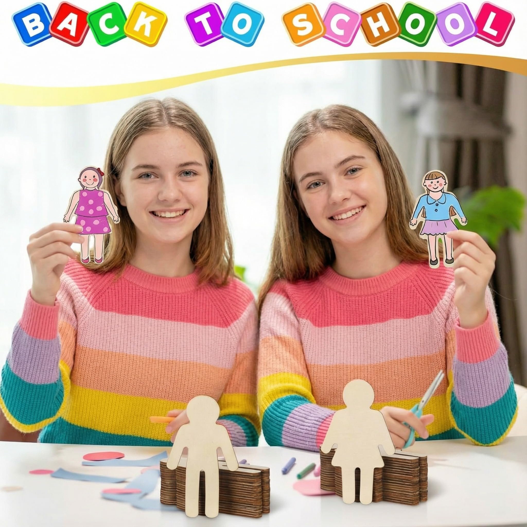 Barydat 60 piezas de recortes de madera con forma de personas de 5.5 x 2.4 pulgadas, con forma de niño y niña, manualidades de madera sin acabar, rebanadas de personas en blanco para proyectos de