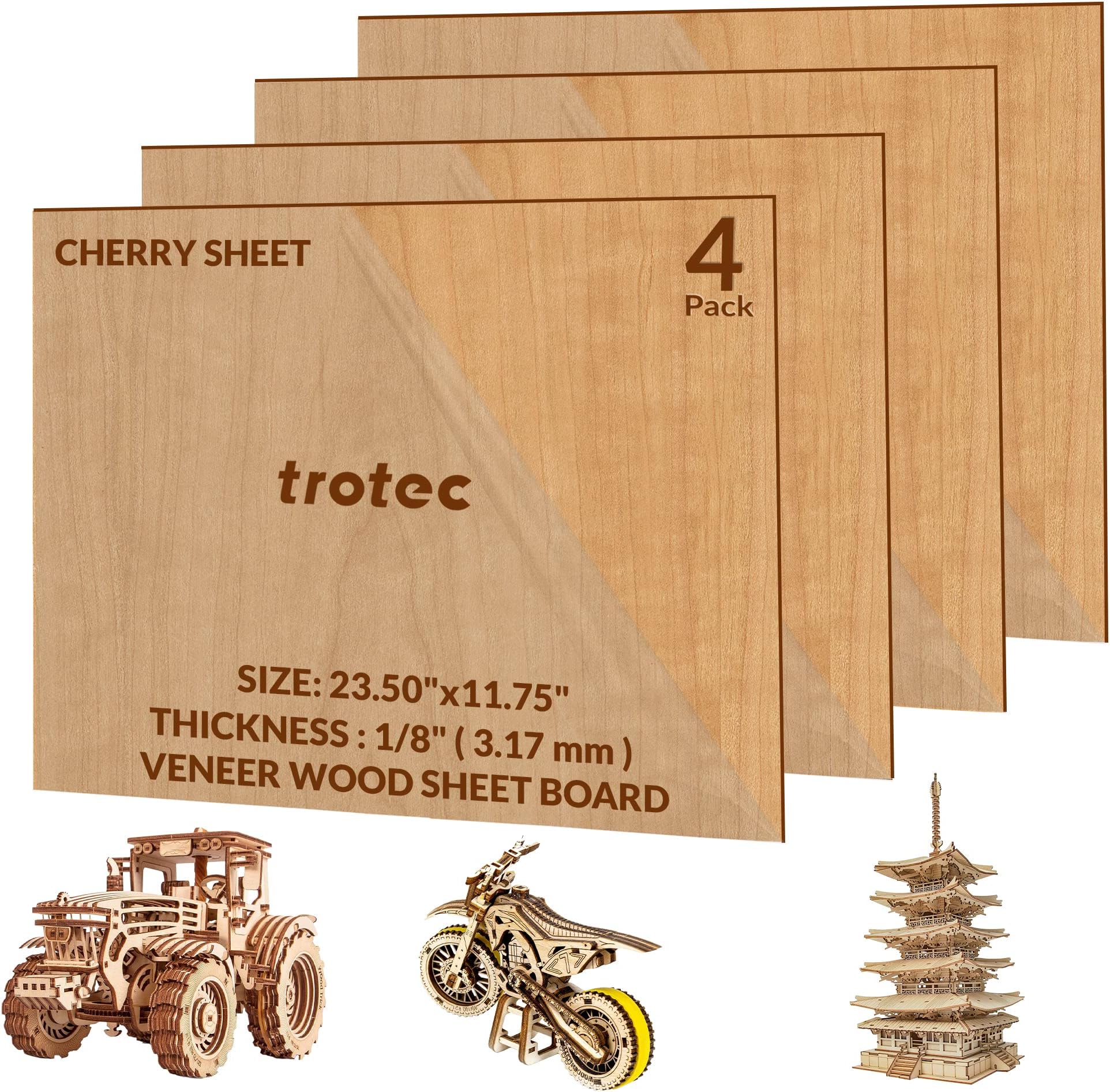 TROTECCherry Veneer Wood Sheet | 4 Pcs | Semi-matt, Sanded & Varnished Finish | 23.50"x11.75"x1/8” | Real Wood Laminated | DIY Craft Wood Boards for Laser Cutting & Engraving | TroWood Veneered