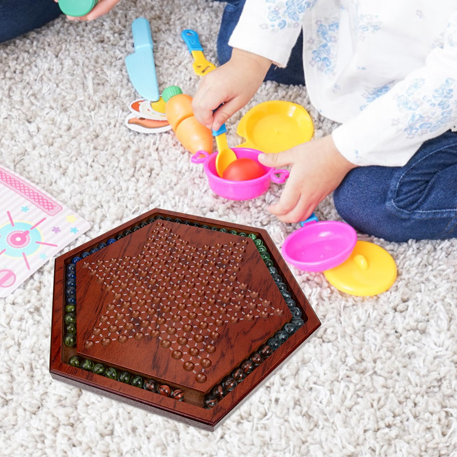 Jeu de Dames Chinoises en Bois, 1 Set, Plateau Hexagonal