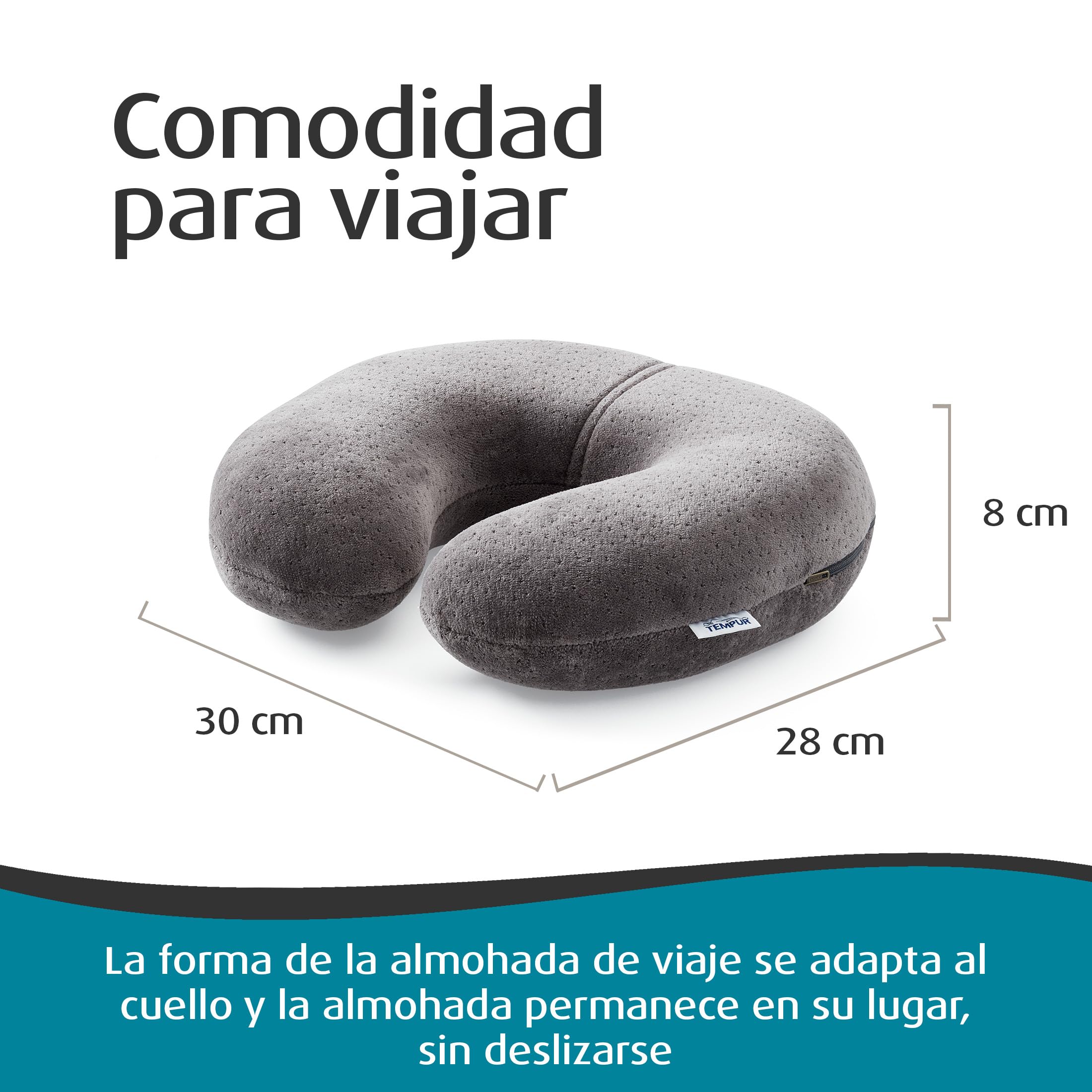 TEMPUR Almohada de Viaje Transit, 30 x 28 x 8 cm, Antracita | Cómoda almohada cervical de material viscoelástico TEMPUR, ideal para viajar en autobús, tren, coche o avión.