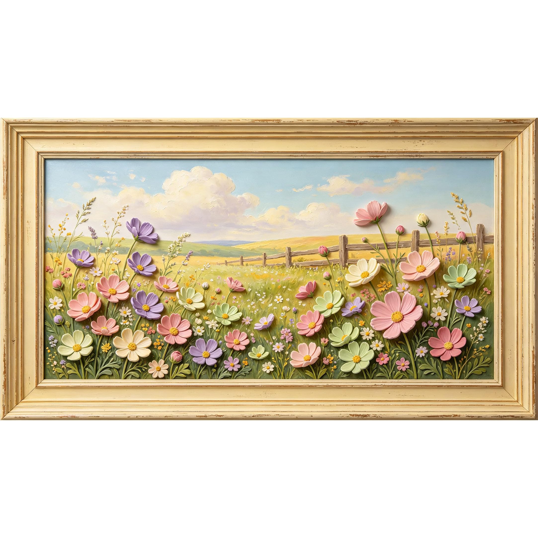 QZLITHOTIC 50x90cm3D Framed Wall Art， Botanical Pastel Wildflower Meadow Landscape Self‑Adhesive Mural， Water‑Activated Peel & Stick Fabric Decor Wall Decal for Bedroom Living Room
