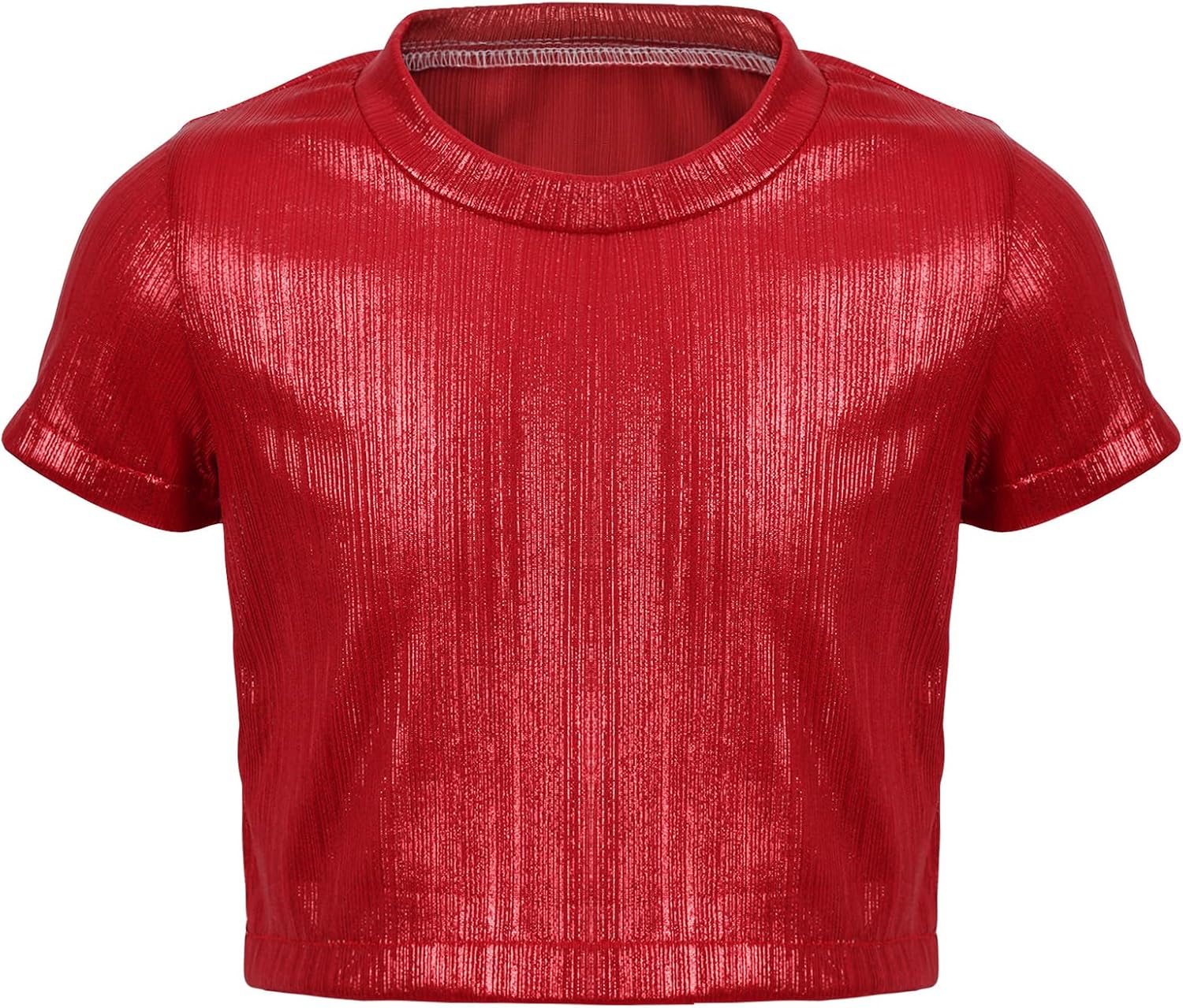 2025 Shiny Metallic Crop Top Kids Short Sleeve Dance T Shirt Casual Concert Sequin Tee Party