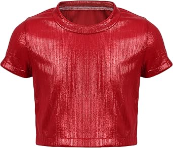 2025 Shiny Metallic Crop Top Kids Short Sleeve Dance T Shirt Casual Concert Sequin Tee Party