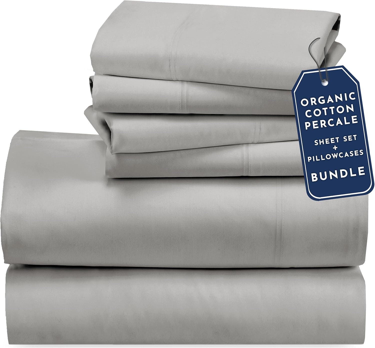 California Design Den Bedding Bundle - Queen Sheet Set with 4 Pillowcases, 100% Organic Cotton Percale (Light Grey)