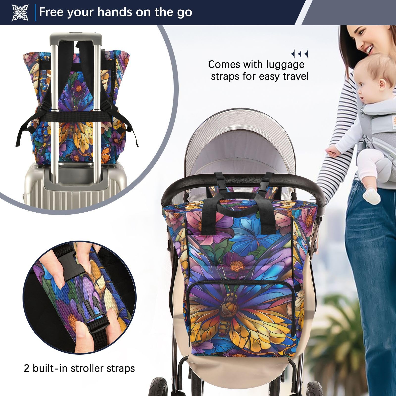 Coloridas Flores Mariposas Mochilas de Pañales para Gran Capacidad Pañal Bolso Mochila para Viajar al Aire Libre Mamá y Papá