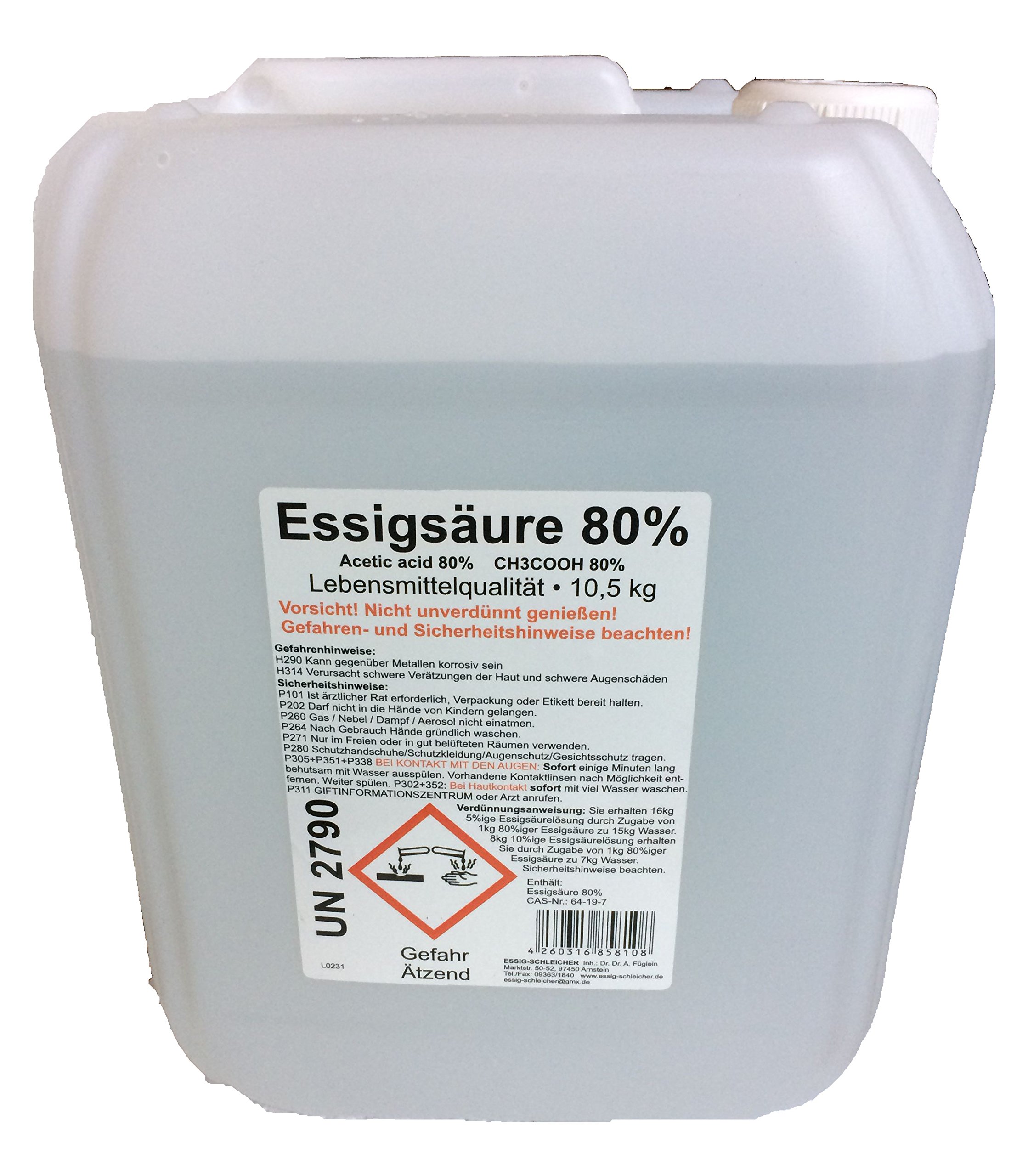 Schleicher's 10 kg Essigsäure 80% LEBENSMITTELQUALITÄT E 2 60, mit AUSLASSHAHN