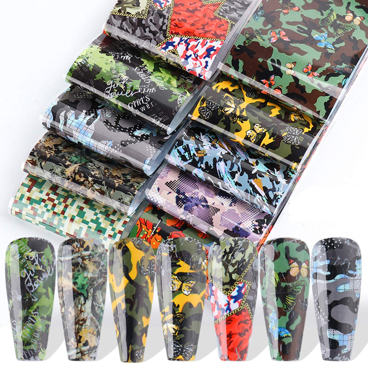Flowers Nail Art Stickers Transfer Foils Decals Film Camouflage Colors Design Holographic for Women Girls Manicure Decorations Letters Butterfly Nails