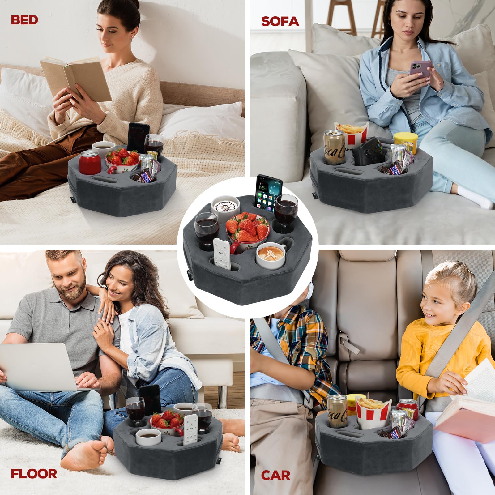Coussin porte-gobelet octogonal pour canapé, tasse à café, téléphone, télécommande, plateau de support de canapé pour lit, voiture, canapé, table (gris)