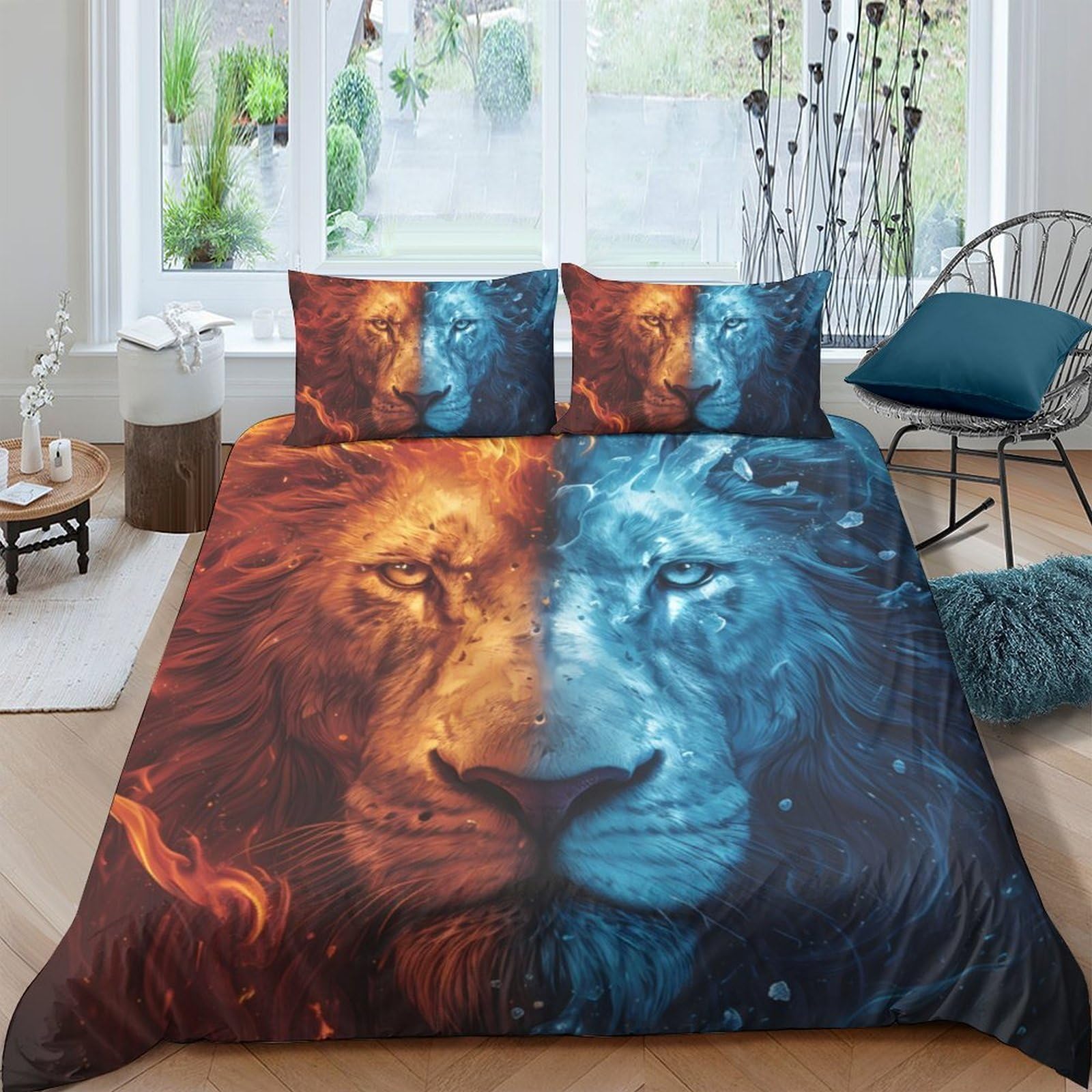 3D Printed Fire Ice Lion Duvet Cover Microfiber Soft Breathable Animal Face Bedding Set with 2 Pillowcases for Bedroom Decor Single（135x200cm）