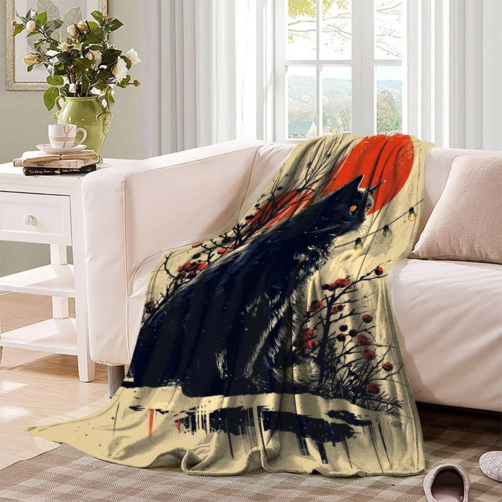 Schwarze Katze mit rotem Sonnenuntergang – Kuscheldecke, luxuriöse Plüschdecke, personalisierbar, für Schlafzimmer und Büro, kuscheliges Geschenk für Oma, 127 x 152 cm (50 x 60 Zoll)