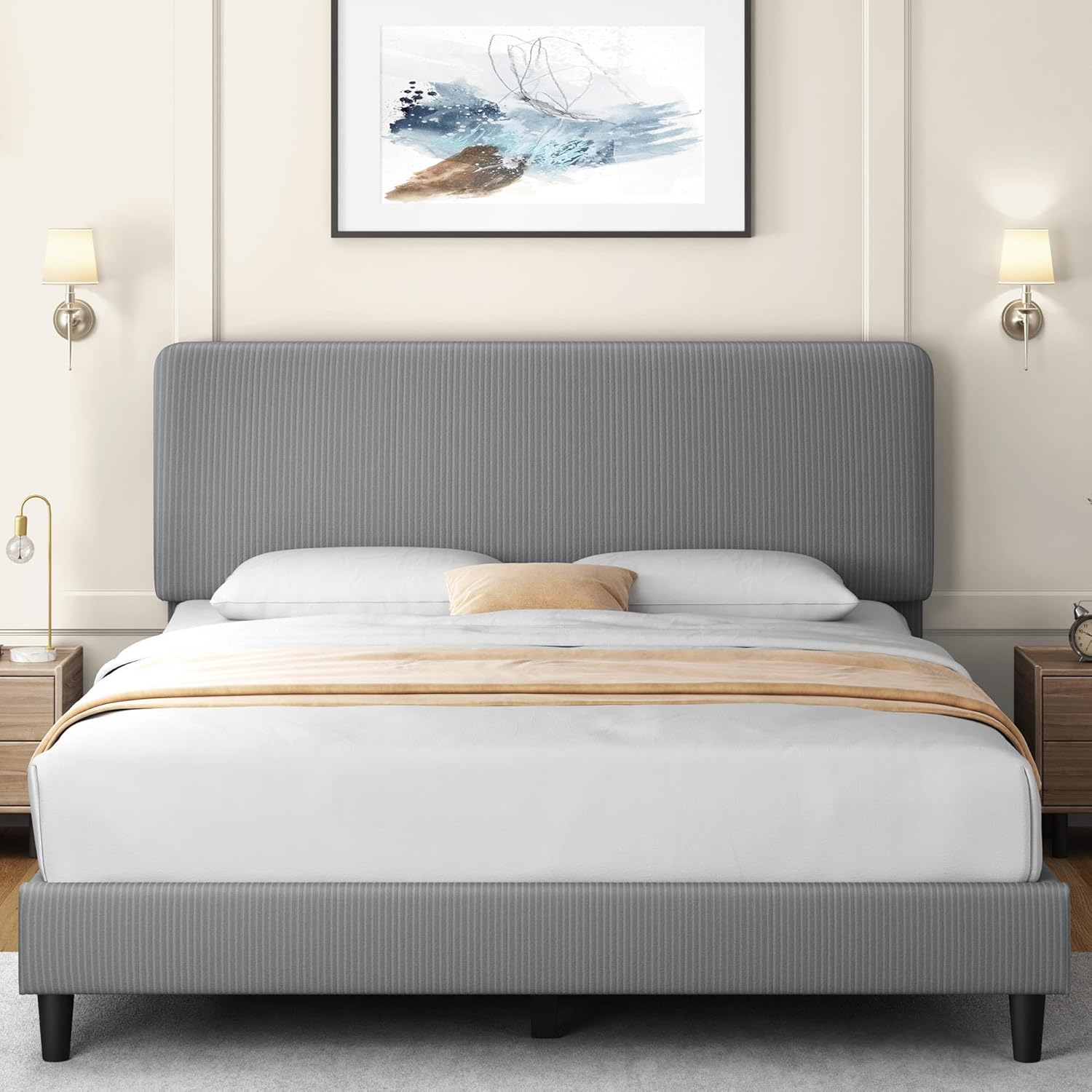 Yaheetech Queen Bed Frames with Adjustable Headboard, Chenille Fabric Upholstered Headboard/Platform Bed, Queen Size Bed Frame No Box Spring Needed/Wood Slats Support/Easy Assembly/Light Grey