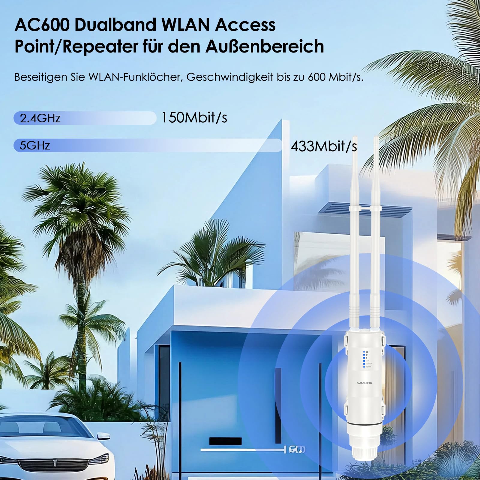 WAVLINK AC600 Outdoor WLAN Repeater, wetterfester Dual Band WLAN Verstärker Outdoor Access Point PoE für Garten/Bauernhof/Indoor, Repeater/AP/Router Modus, Passive&Active PoE, 100Mbit/s WAN/LAN