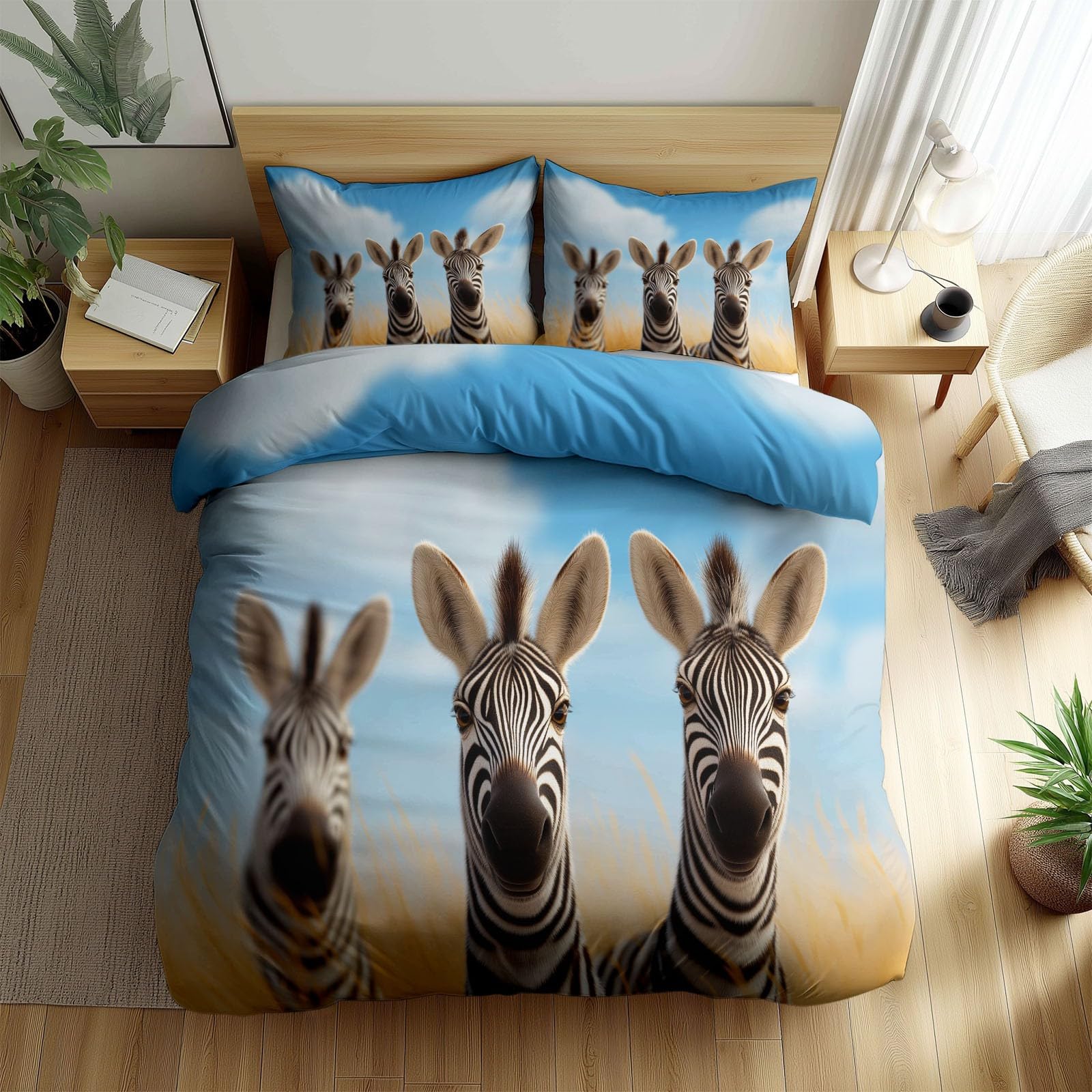 Generisch Niebieska pościel z kreskówki, zebra, poszewka na kołdrę z nadrukiem, 220 x 240 cm, łatwa w pielęgnacji, 3-częściowa, szczotkowana mikrofibra, zamek błyskawiczny na wszystkie pory roku