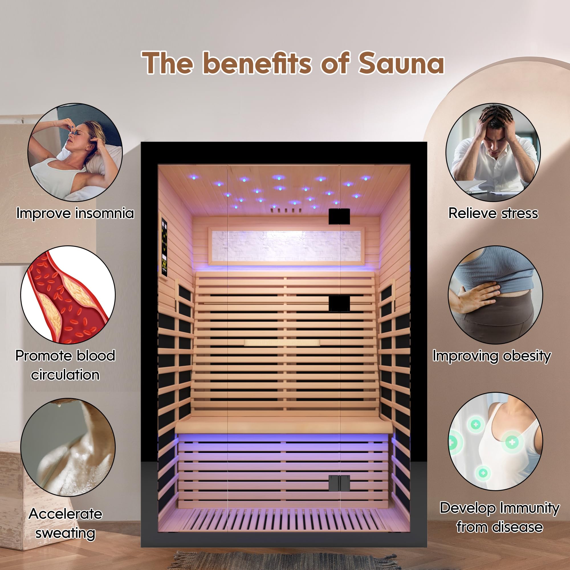 SUNTAGE Luxuriöse große Ferninfrarot-Sauna für Zuhause, kanadische Hemlock-Holzsauna mit 8 Epoxid-Heizplatten, 2160 W hohe Leistung, Sternenlicht und zweifarbiger Streifen, 150 kg Belastung