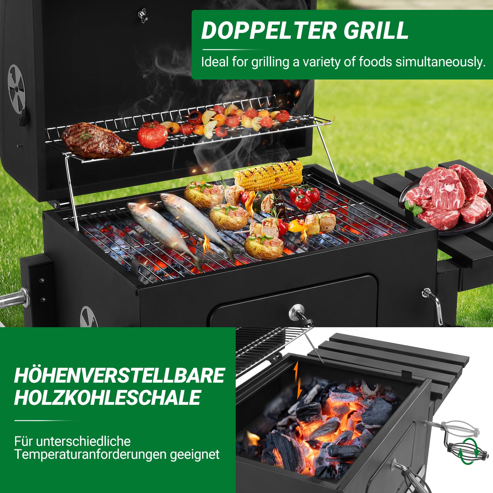 LEADZM Holzkohlegrill mit klappbarem Seitentisch und Rädern, robuster BBQ Grill für Garten, Terrasse und Outdoor Grillabende, 116 × 57 × 108 cm