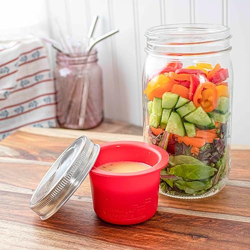 Miniatura 4 de Mason Jar Lifestyle Taza divisora para ensaladas, salsas y aperitivos. Contenedor de almuerzo Bento sin plástico. (Boca ancha, rojo cereza)
