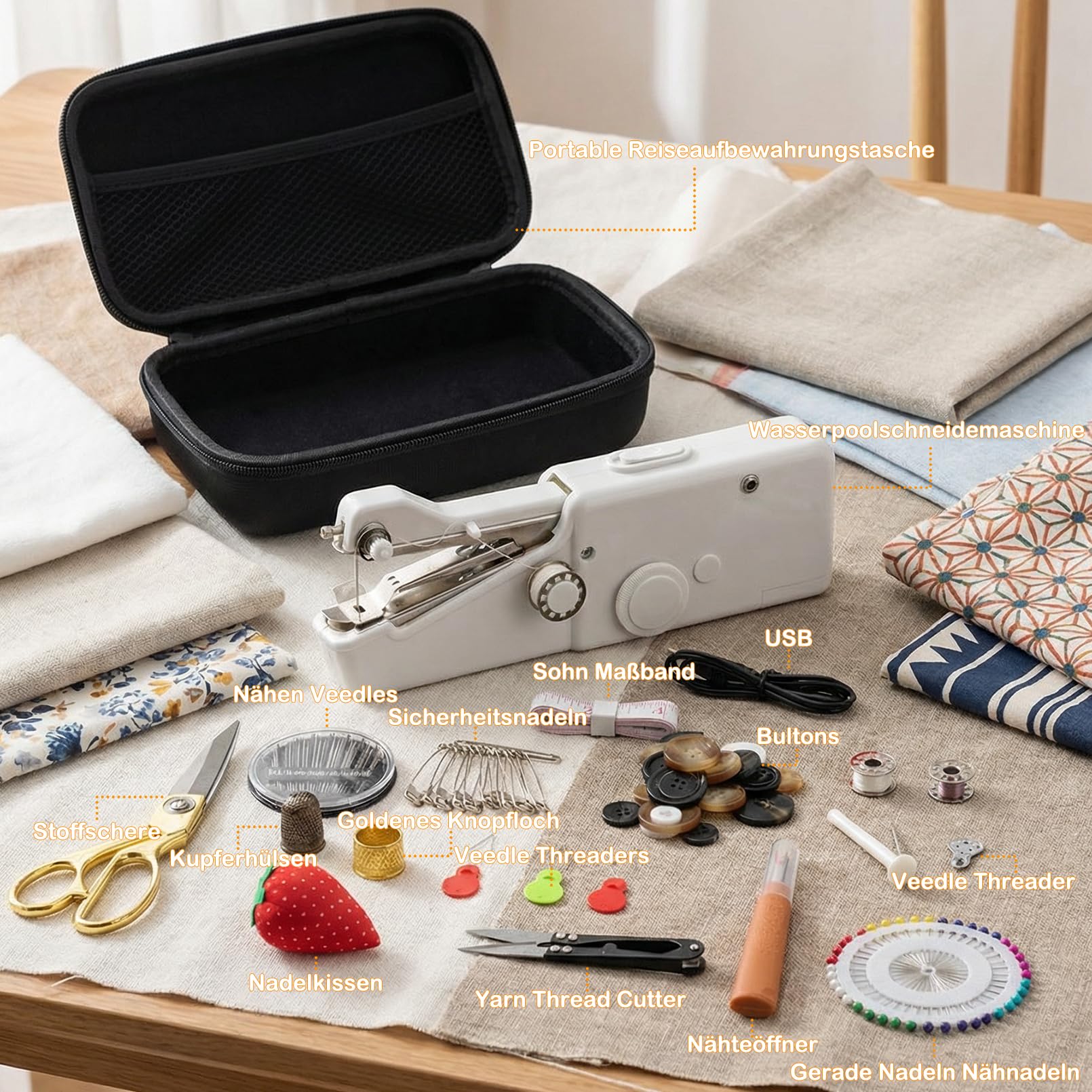 BRICH Handheld-Nähmaschine mit schneider zubehör nähen & 125-teiligem Nähset – Tragbar, Mini, Kabellos – Ideal für Anfänger und Erwachsene – Komplettes Set für schnelle Heimkleidungsreparaturen