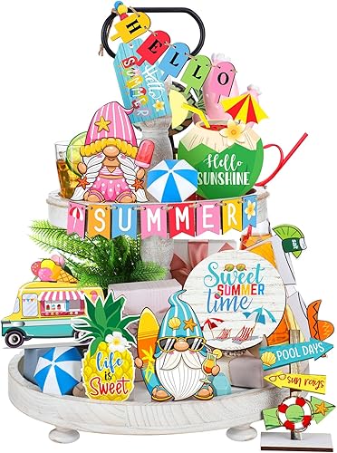 Bucherry Juego de 21 piezas de decoración de bandejas escalonadas de verano, rústico, gnomo de verano, letrero de madera de piña, decoración de