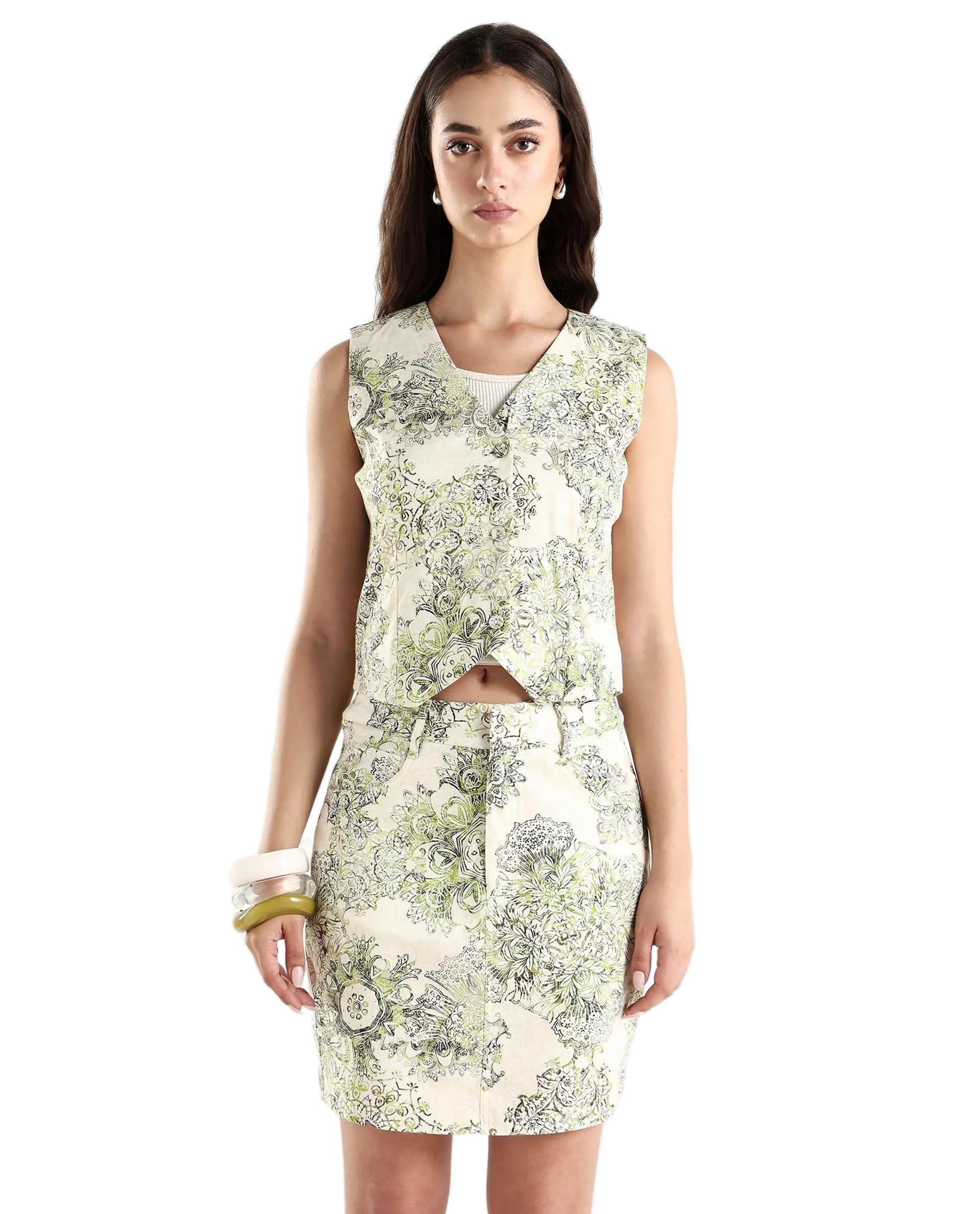 rareism Regular Abstract Light Green Cotton V-Neck Sleeveless Crop Coat-picture-12