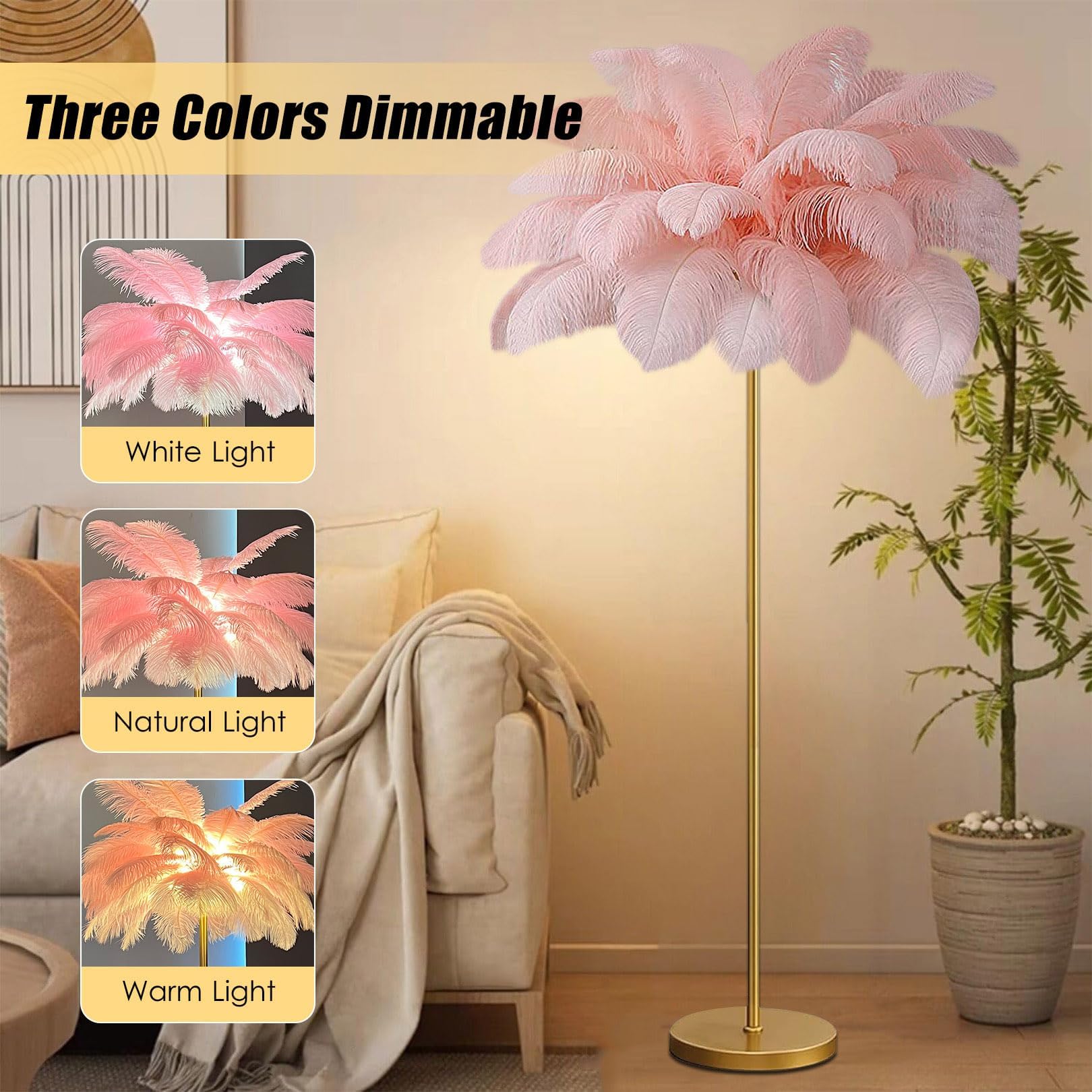 XANAYXWJ Lampada da Alta con Piume di Struzzo - Base d LED dimmerabile G4 Lampade con Piume Naturali Ele Lampada da per Soggiorno, Camera da Letto e Ufficio (66,9 Pollici)