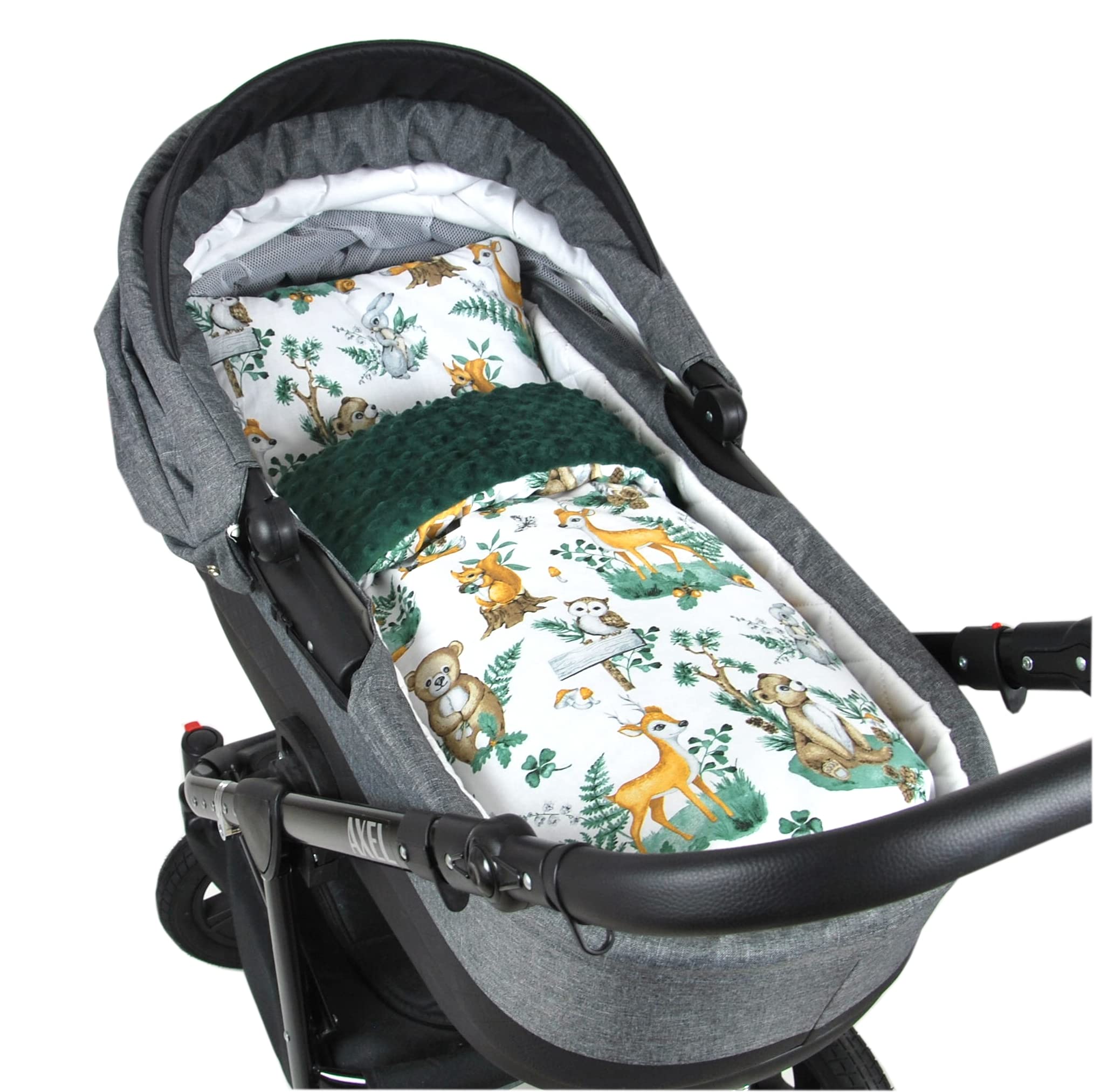 Babylux Babydecke Minky PLÜSCH Kuscheldecke Decke 75 x 60 cm + Kissen 2 TLG Set für Kinderwagen/Wiege (MP123 - Grün + Wald Tiere)
