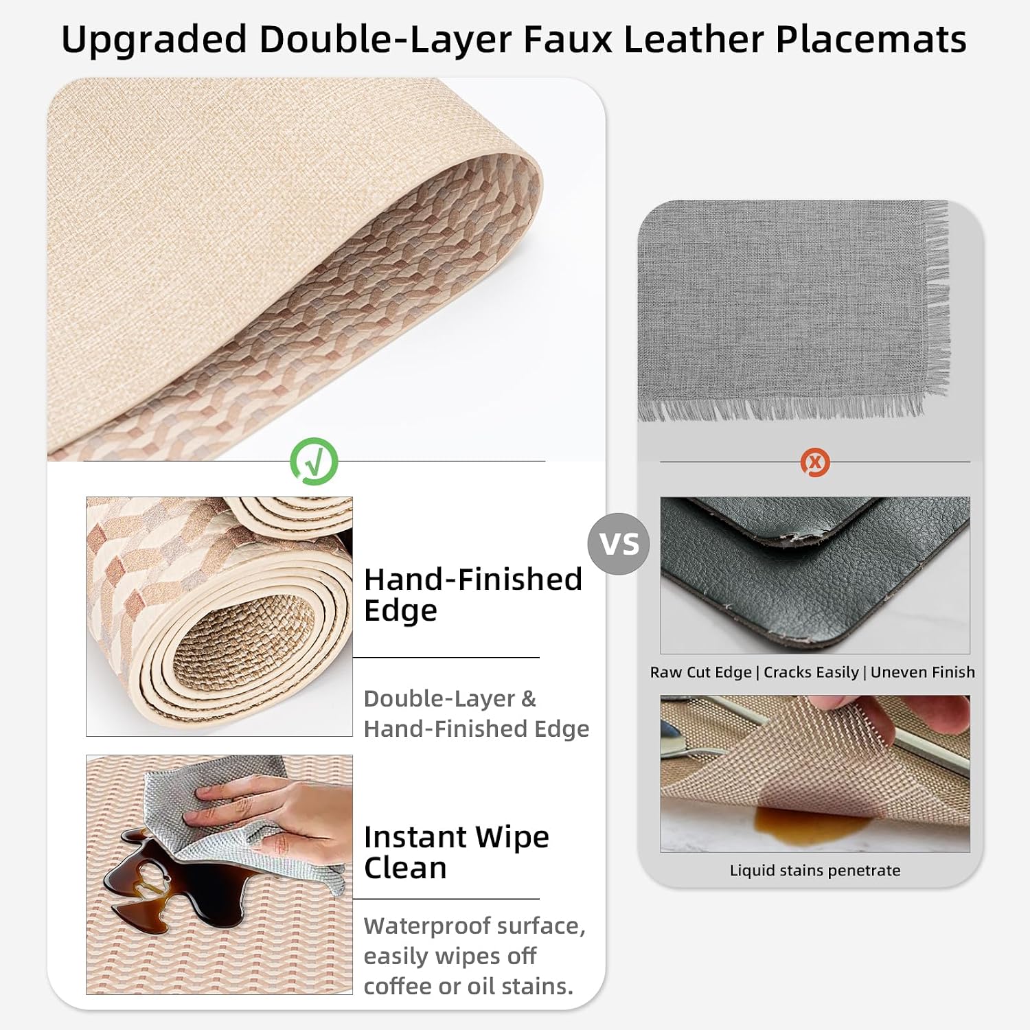 Luxurious High-End Round Faux Leather Placemats Set of 6 – Innovative Handcrafted Double-Sided Design with Embossed Texture, Heat Resistant, Waterproof, Wipeable for Kitchen & Outdoor Use