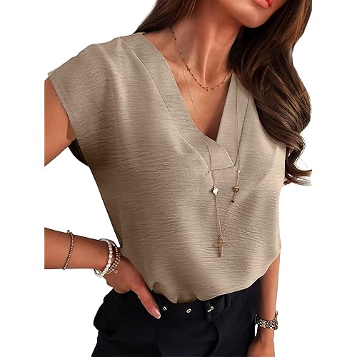 ANRABESS Women Tops Cap Sleeve Textured Dressy Casual V Neck Shirts 2025 Summer Business Work Blouses Outfits