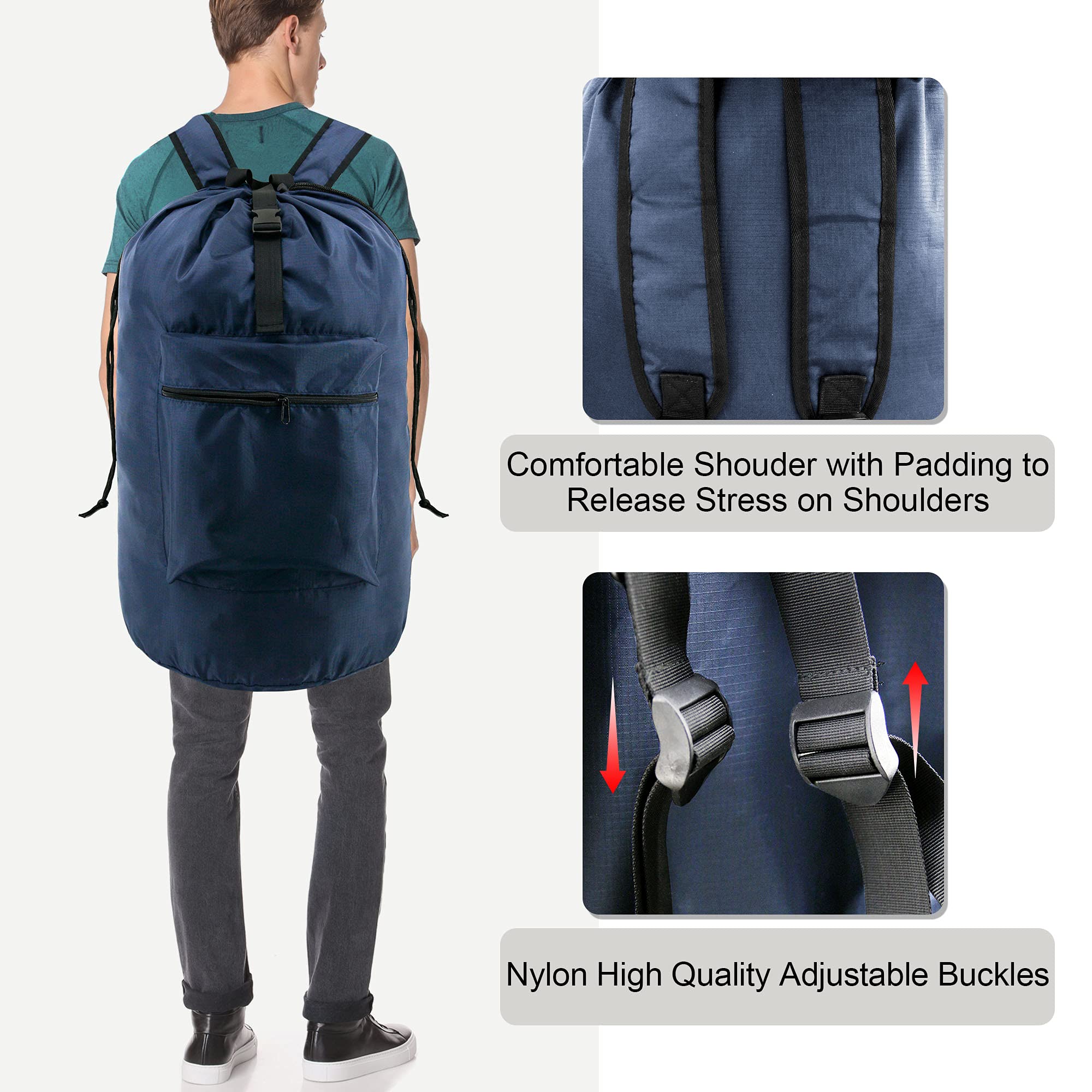 BeeGreen Mochila de lavandería extra grande y resistente, azul oscuro, 16 x 32 pulgadas, con bolsillo frontal con cremallera