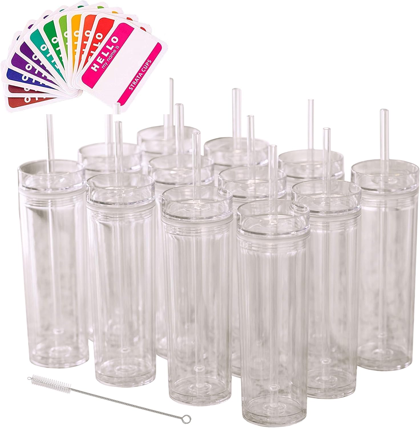 STRATA CUPS 24 Clear Skinny Tumblers with Lids and Straws | 16oz Reusable Cup Double-Wall Clear Tumbler with Lid and Straw, Durable Acrylic Tumblers With FREE Straw Cleaner & Name Tags 24 Count (Pack of 1)