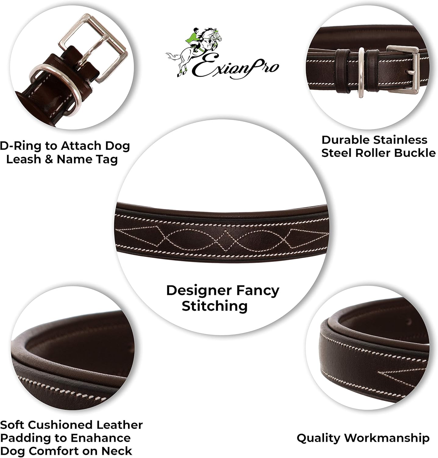 Exion Geniun Leather Dog Collar Designer Stitched Soft Leather Padded- Suitable for Small Medium Large X-Large Dogs for Walking Running- Black with Beige Padding