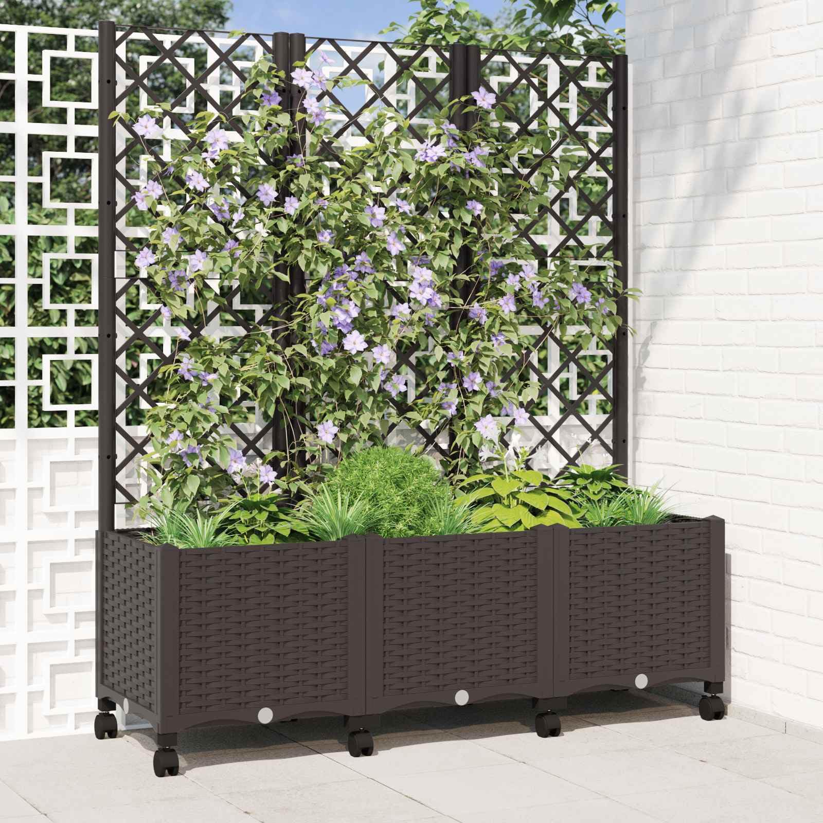 Pojemnik na rośliny ogrodowe z pergolą i kółkami, brązowy, 120 x 40 x 146 cm, PP Outdoor Flower Pot z drenażem do ogrodu balcony patio, zioła lub sukulentów